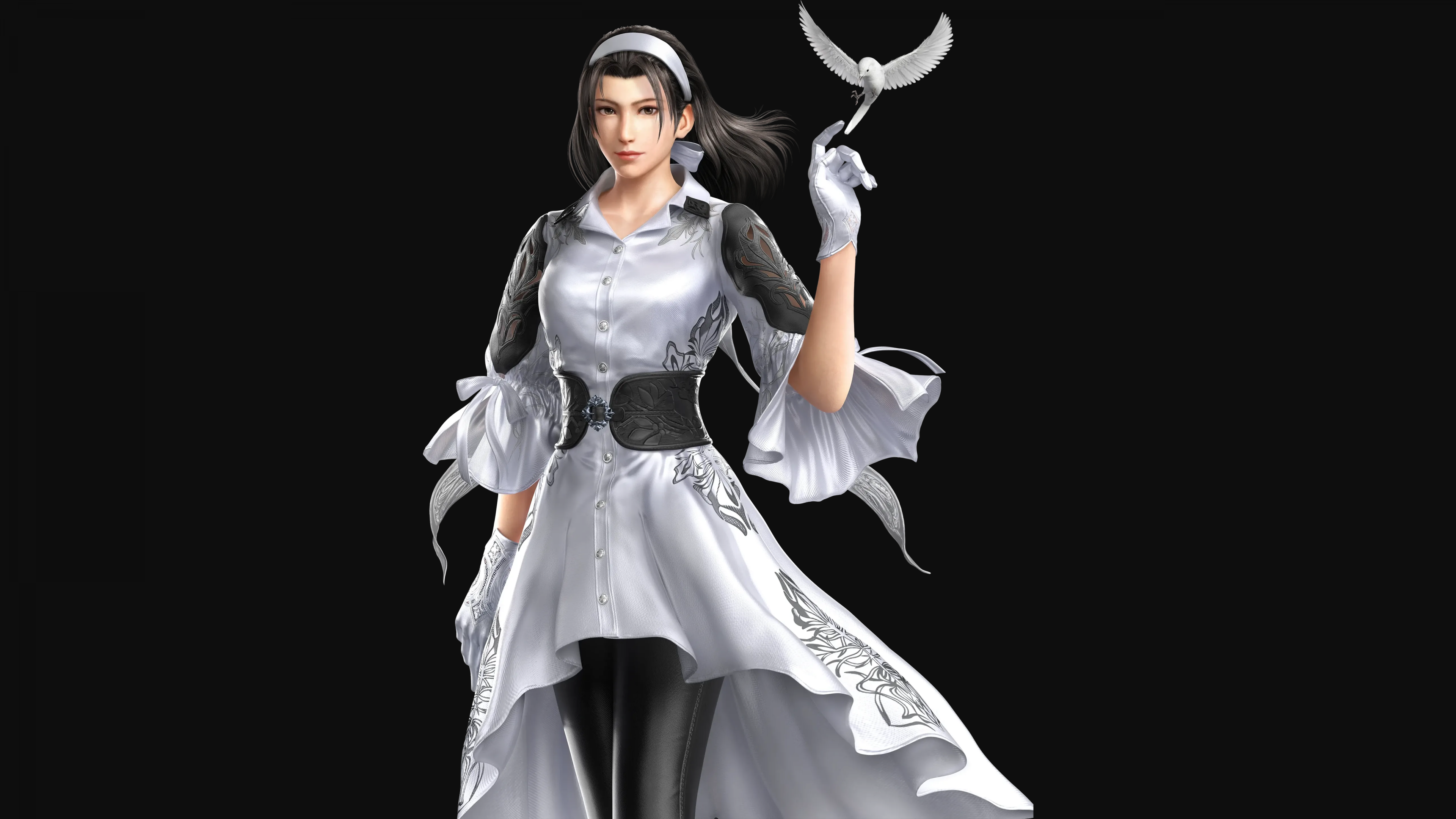A high-detail 5K portrait of Jun Kazama from Tekken 8 against a black AMOLED background