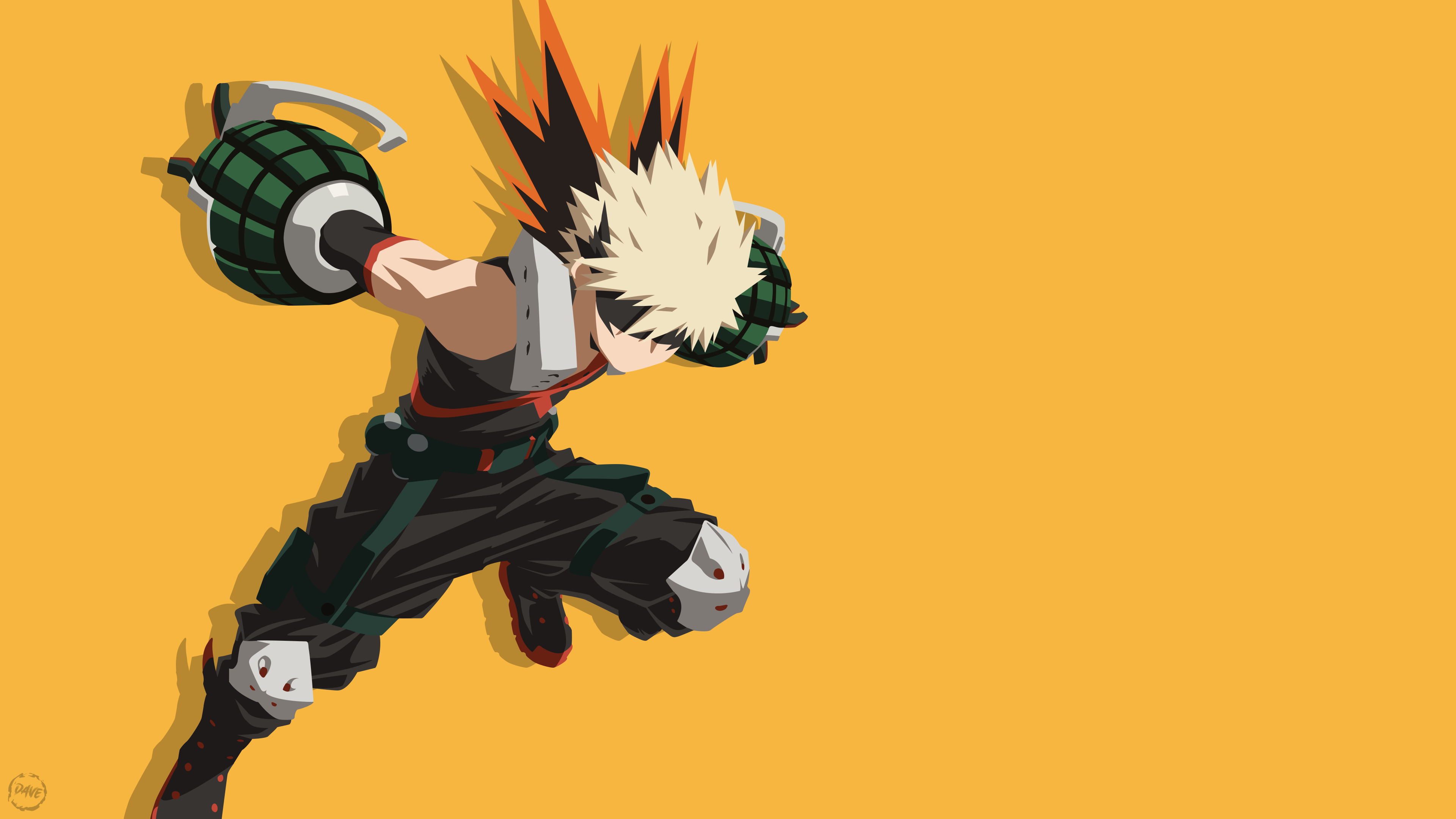 Katsuki Bakugo from My Hero Academia on a bright yellow background
