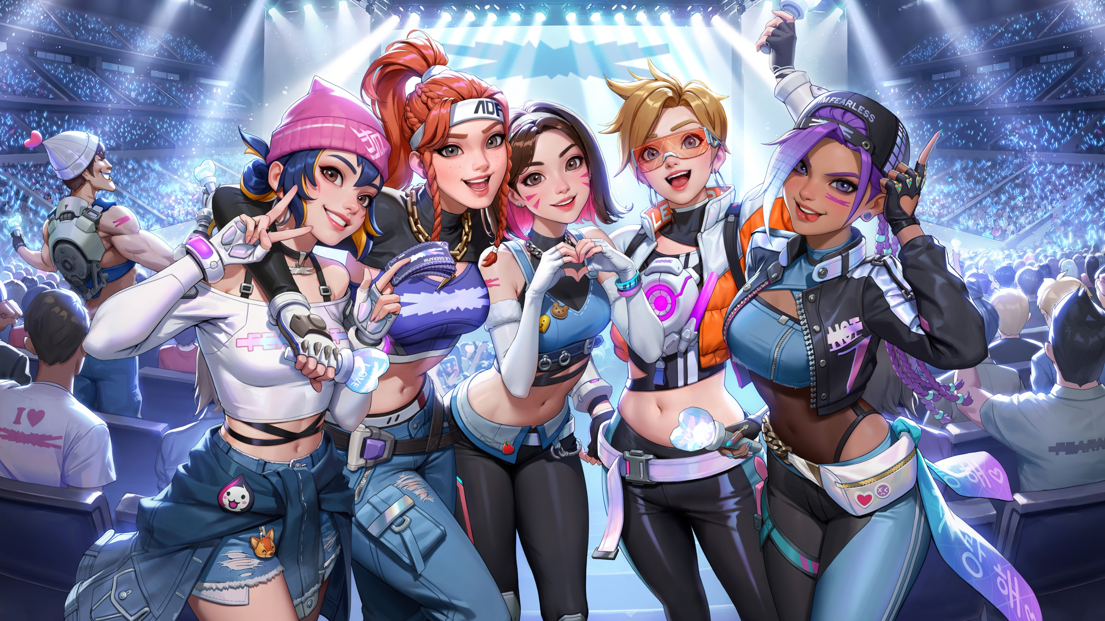 Overwatch 2 heroes D.Va, Kiriko, Tracer, Sombra, and Brigitte styled with the K-pop aesthetic of Le Sserafim.