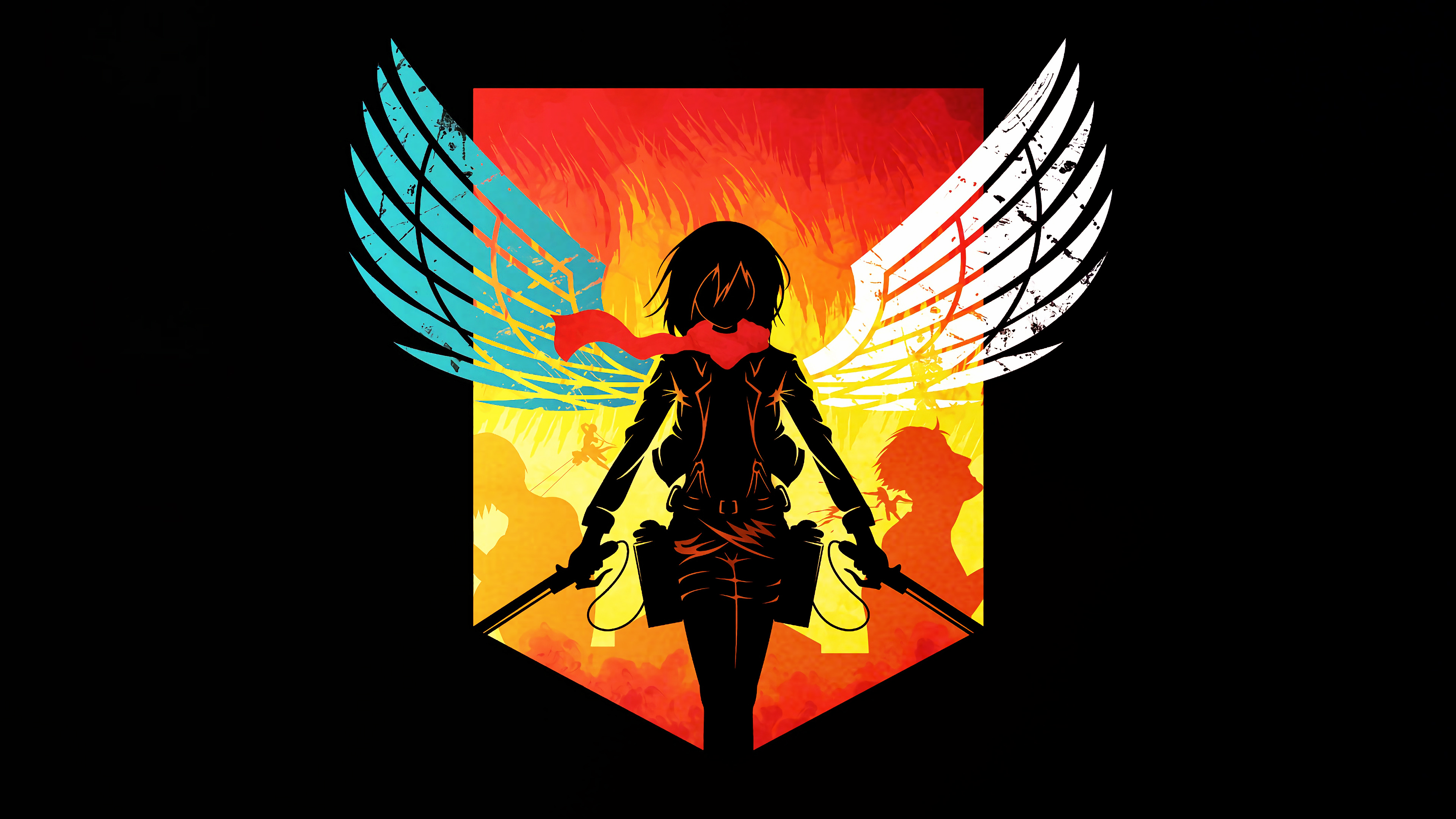 A portrait of Mikasa Ackerman from Attack on Titan set against a black background.