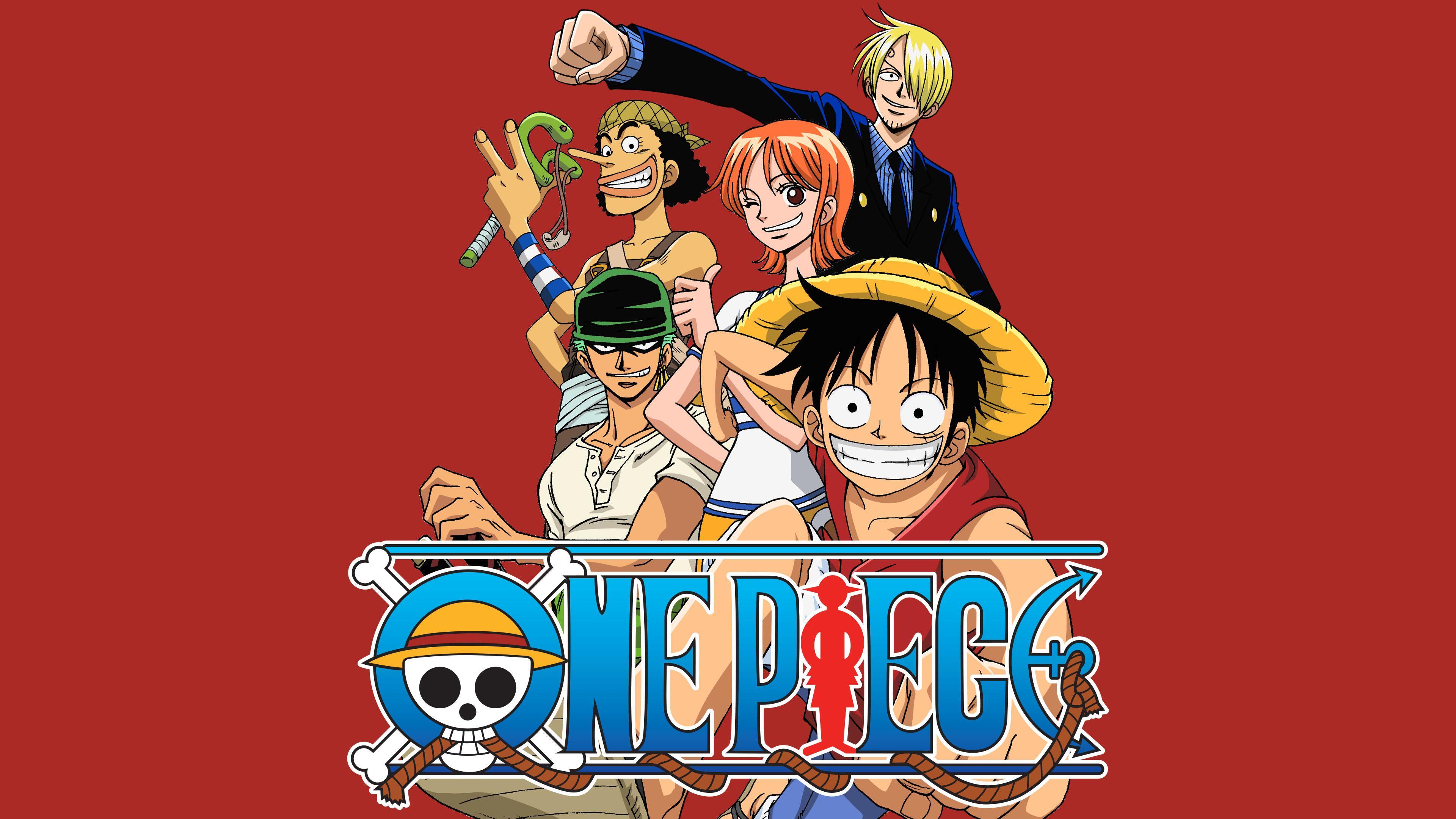 Character art of Monkey D. Luffy from One Piece Season 1 on a bright orange background.