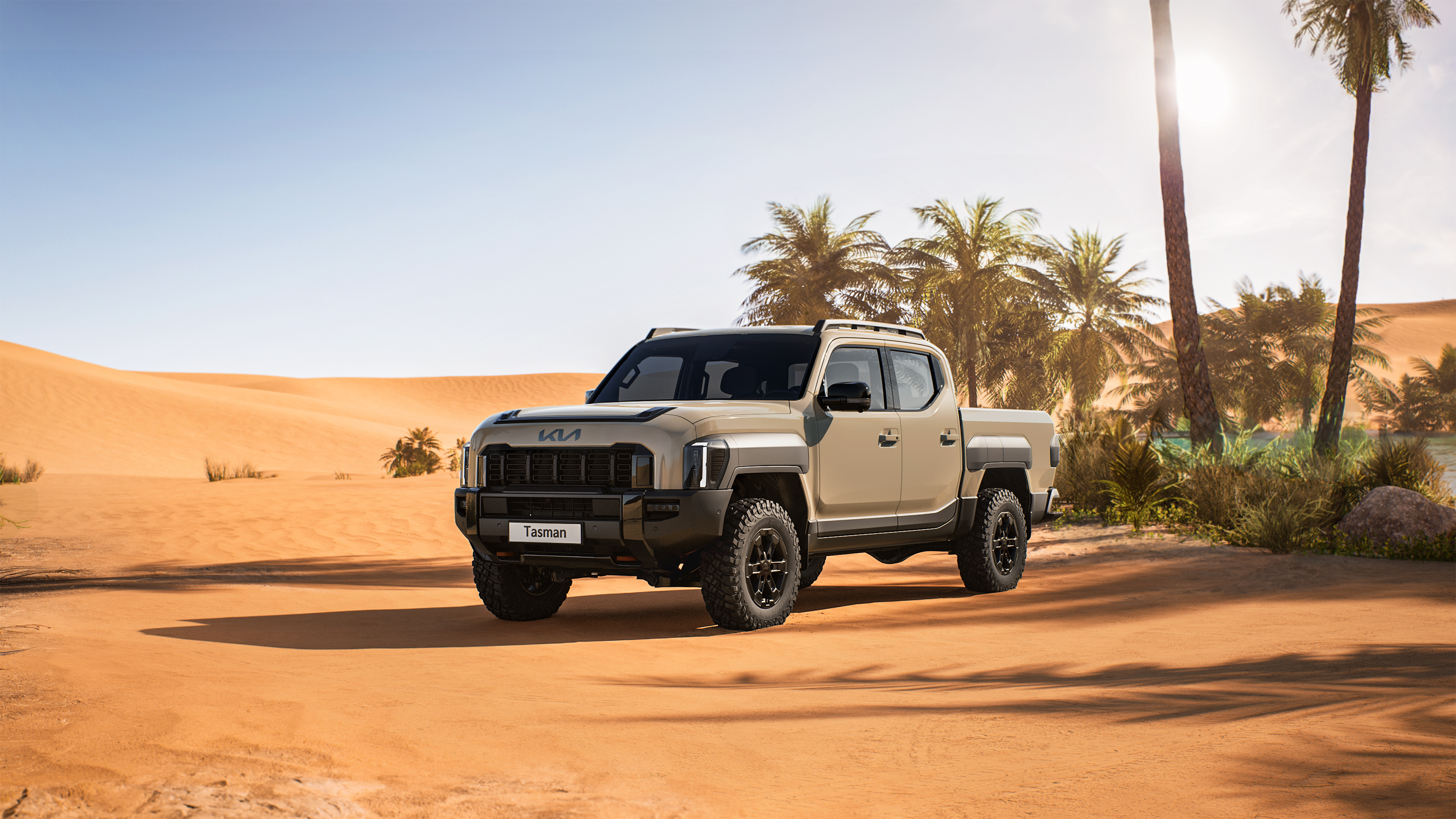 A futuristic 2025 off-road truck traversing a rugged, dusty desert landscape with advanced suspension and heavy-duty wheels.