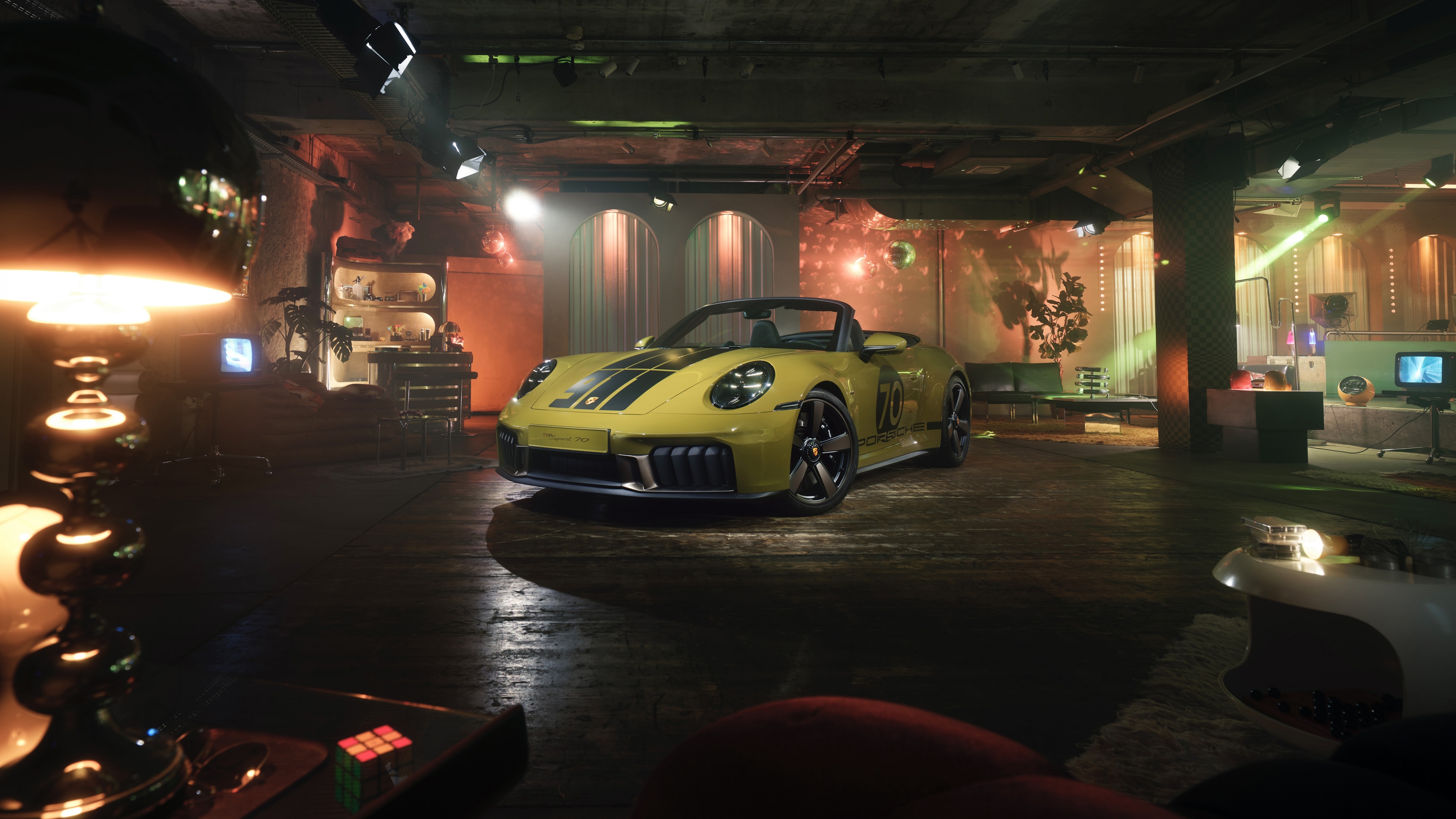 A futuristic 2025 Porsche 911 Spirit edition featuring sleek aerodynamic lines and a premium metallic paint job in a modern setting.