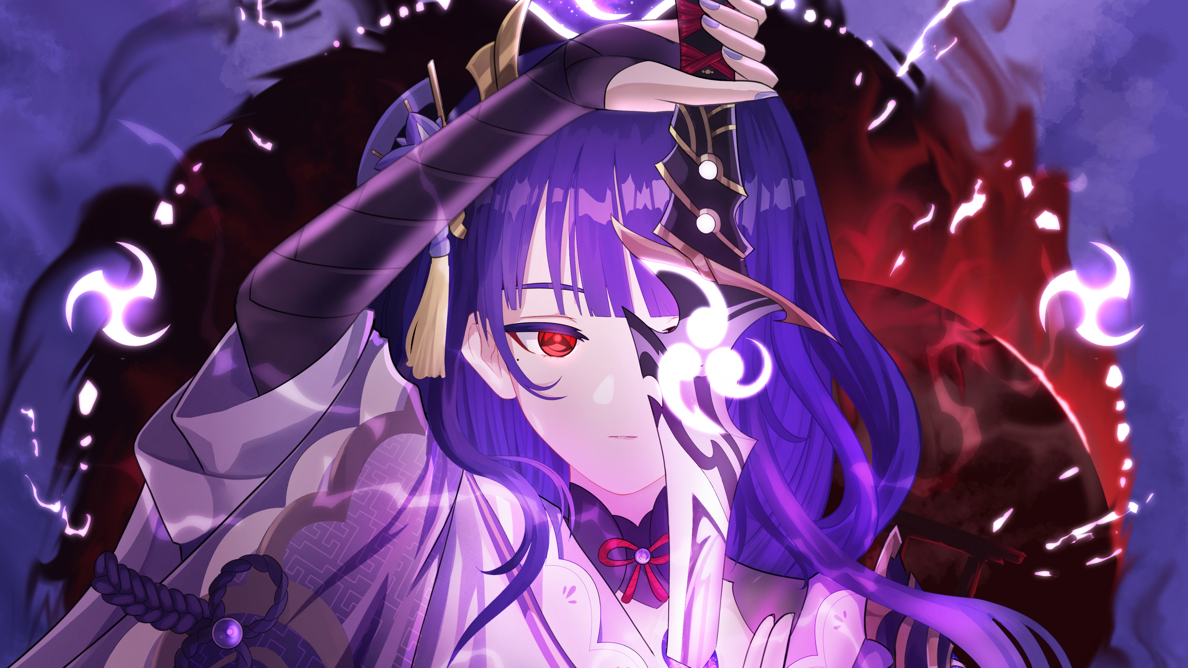 Raiden Shogun from Genshin Impact wielding her sword amidst swirling purple and pink energy.