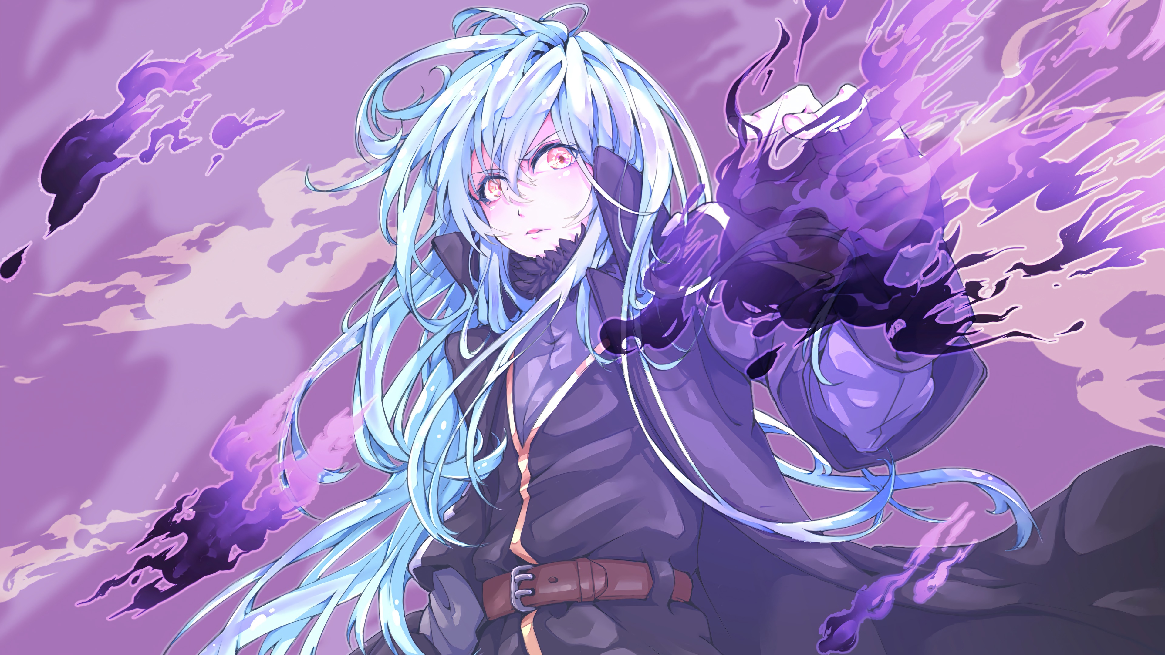 An anime girl version of Rimuru Tempest from That Time I Got Reincarnated as a Slime with a purple aesthetic theme.