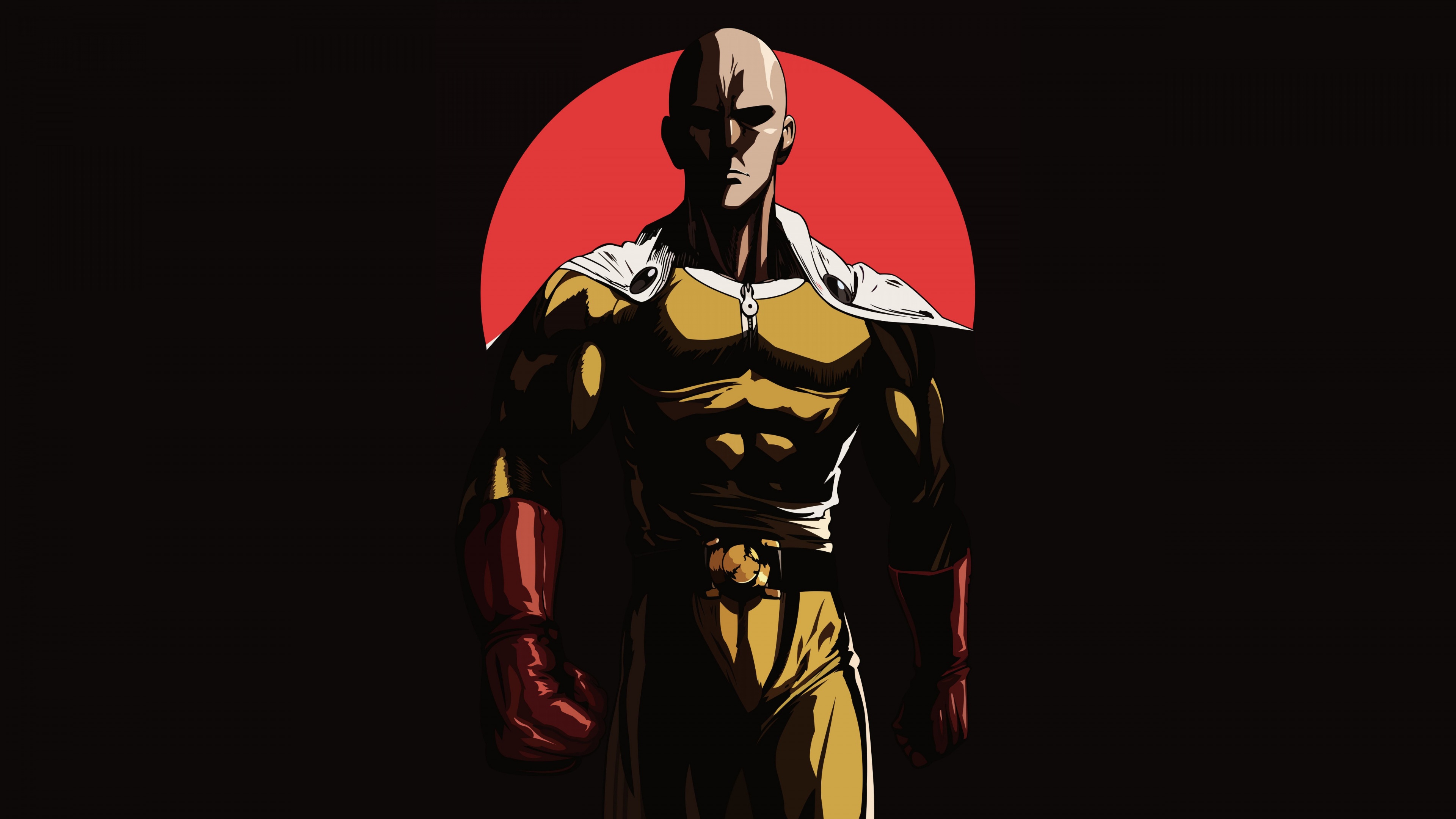 A high-definition 5K portrait of Saitama from One Punch Man featuring a dark and atmospheric background.
