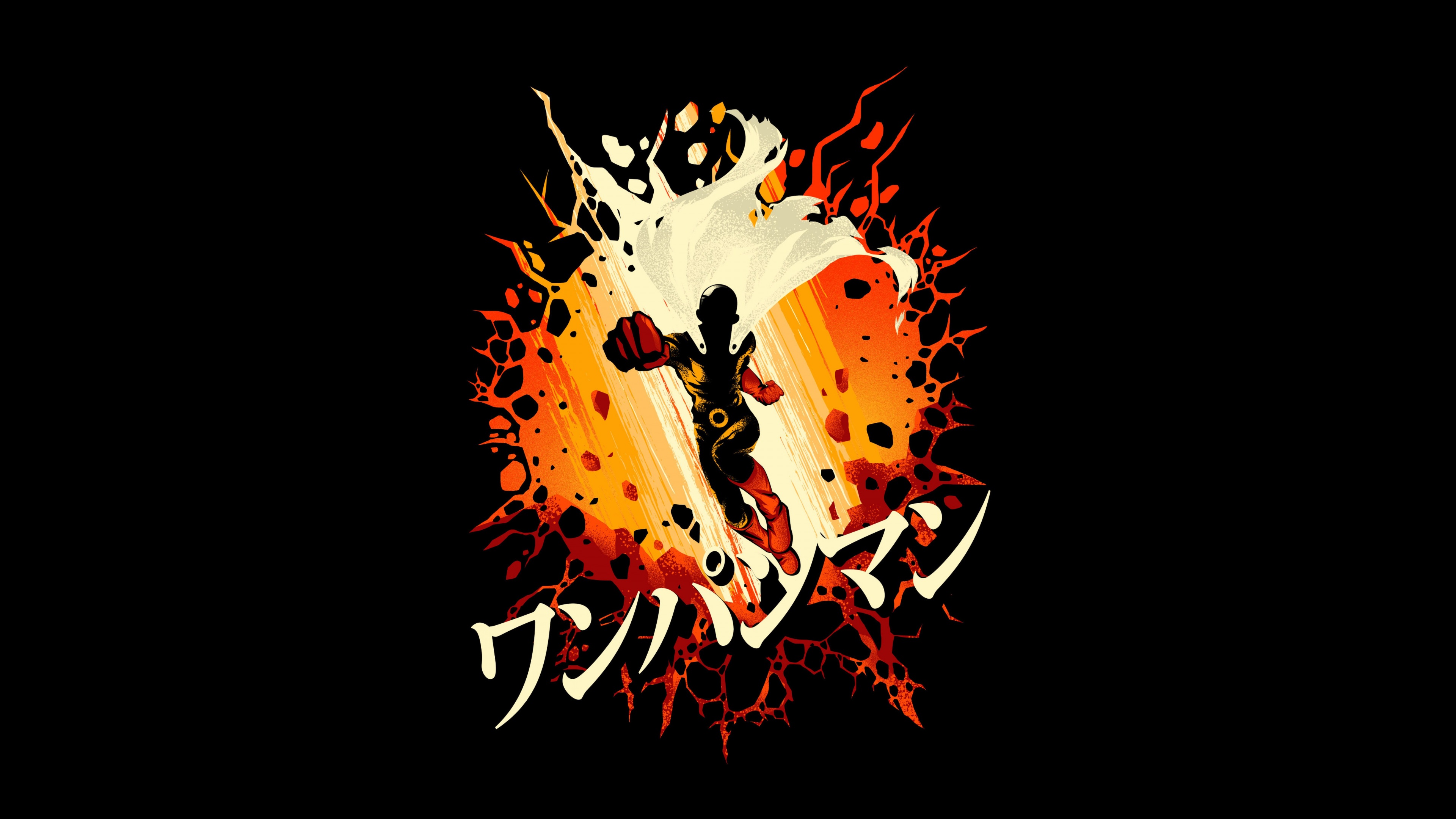 A high-resolution, dramatic portrait of Saitama from the anime One Punch Man against a solid black background.