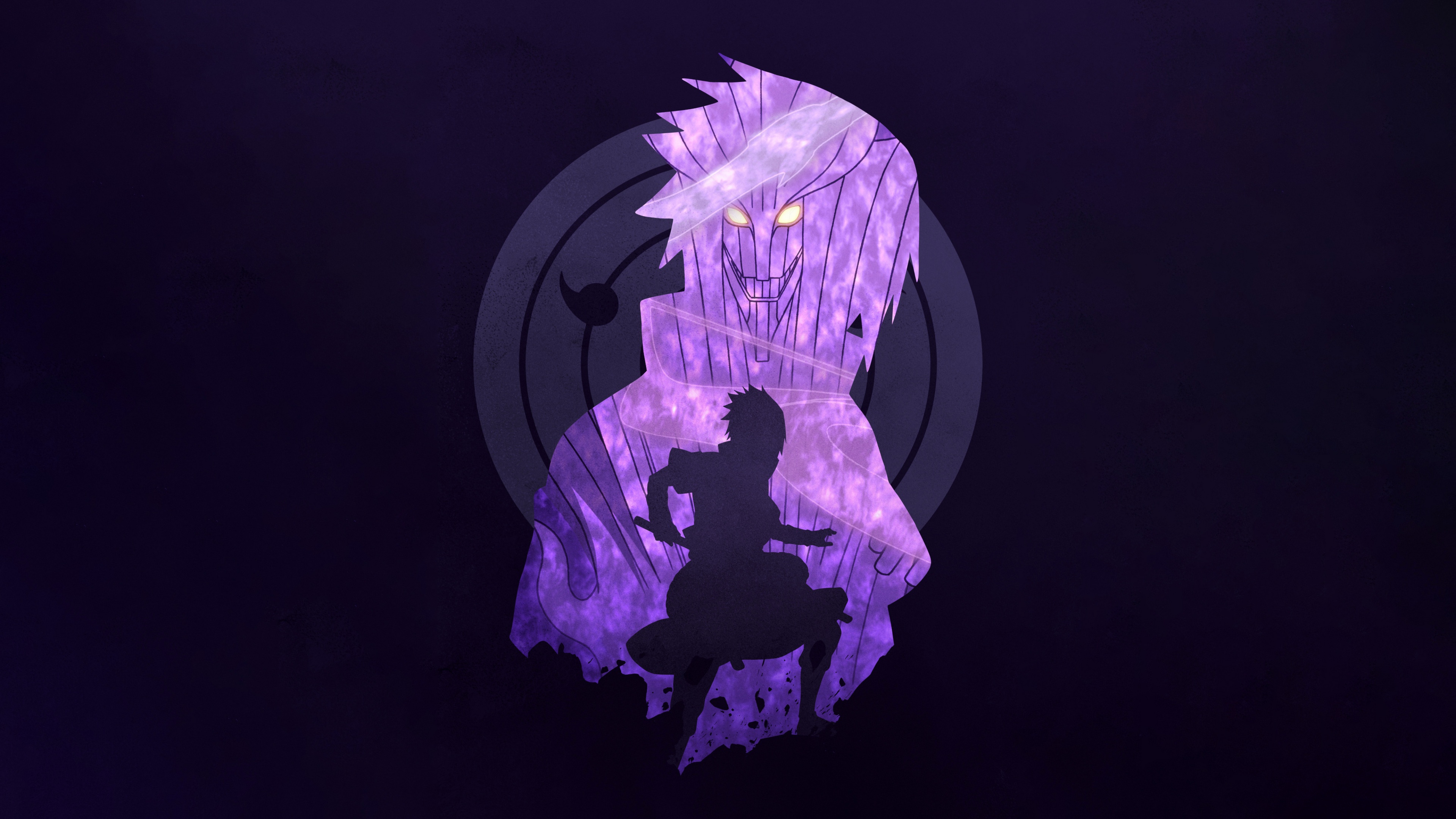 Sasuke Uchiha from Naruto in Susanoo mode with Mangekyo Sharingan and a dark purple aesthetic.