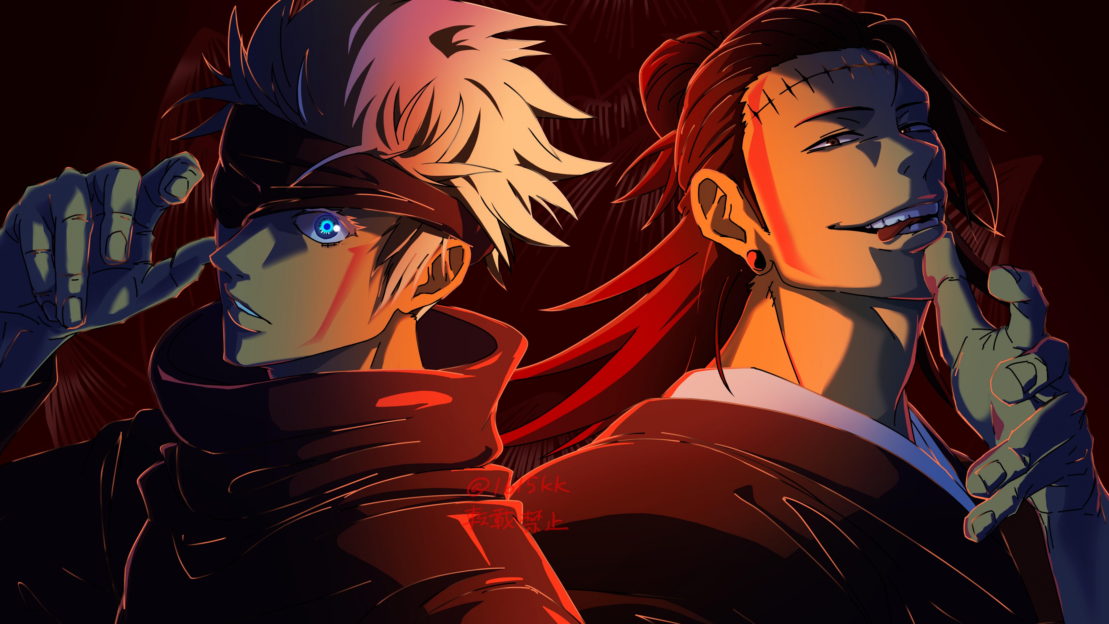 A highly detailed depiction of Satoru Gojo and Suguru Geto from the anime Jujutsu Kaisen.