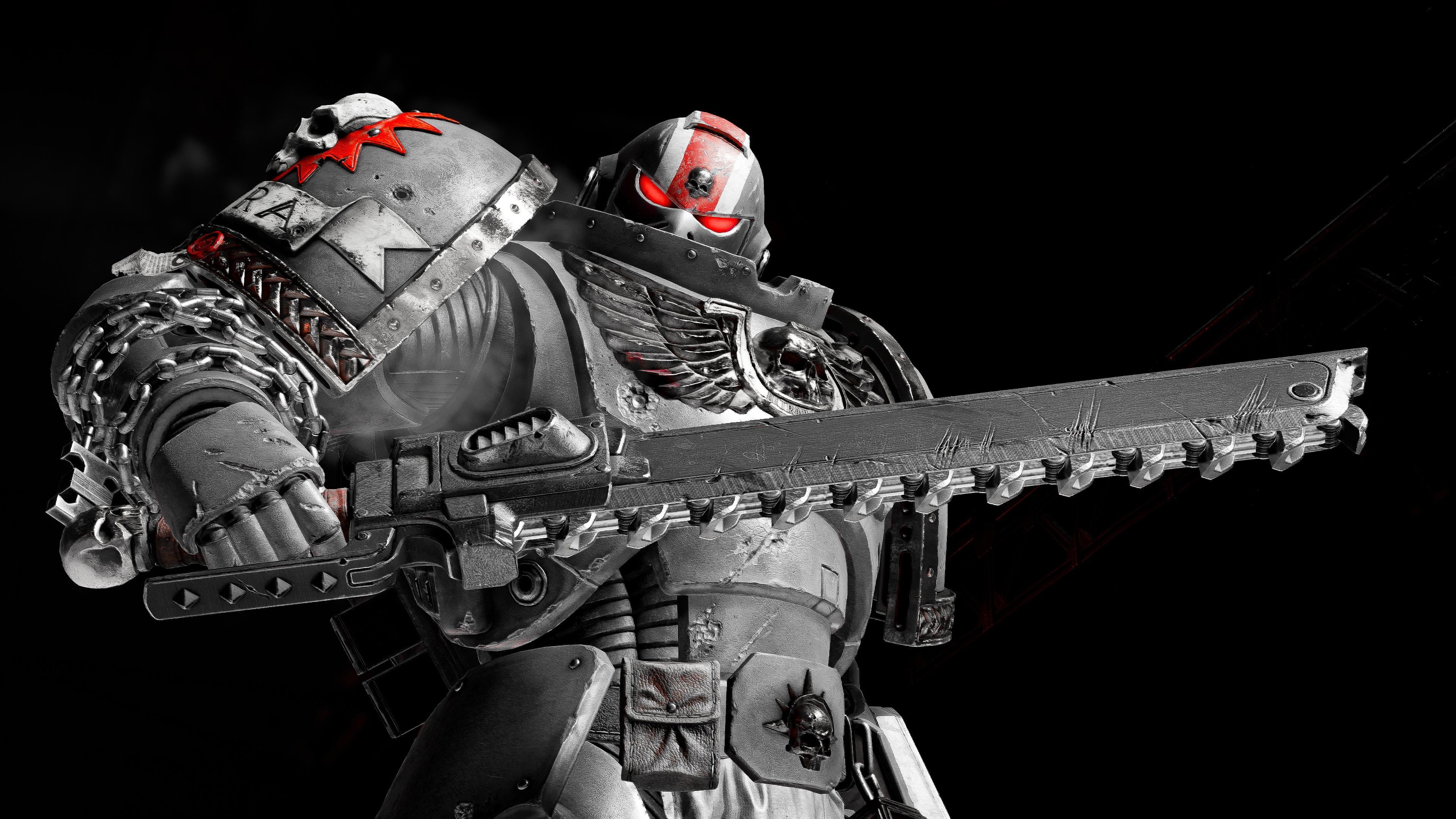 A high-contrast monochrome close-up of a heavily armored Space Marine from Warhammer 40,000: Space Marine 2 against a solid black background.