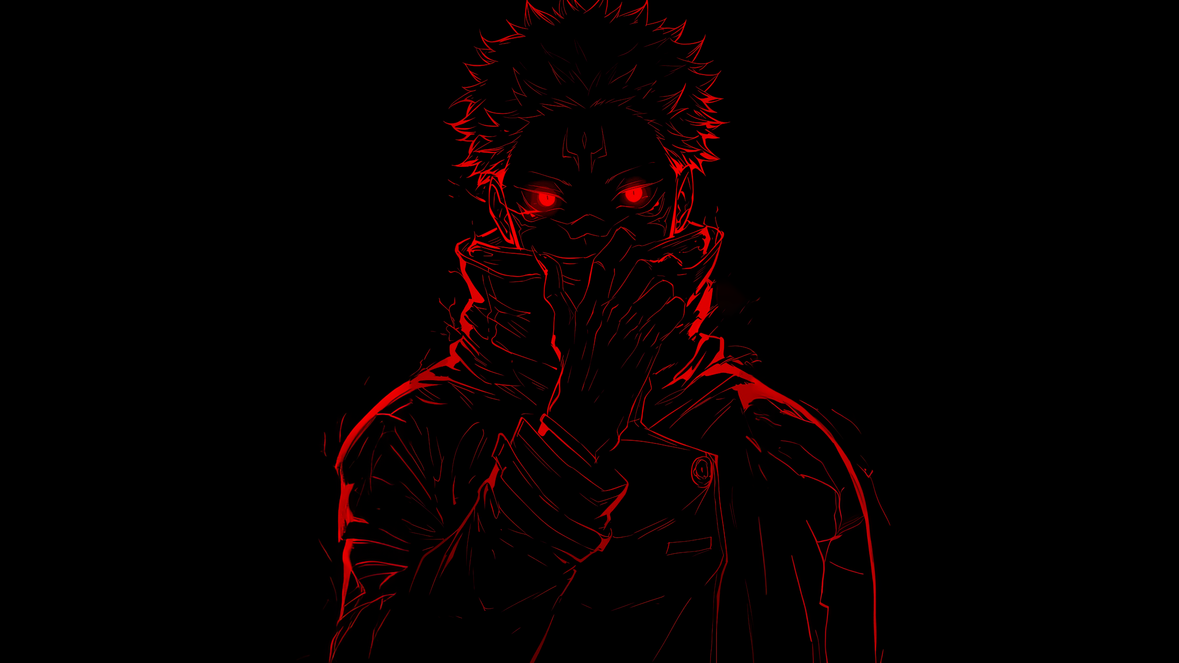 A high-contrast, dark red portrait of Ryomen Sukuna from the anime Jujutsu Kaisen set against a black background.