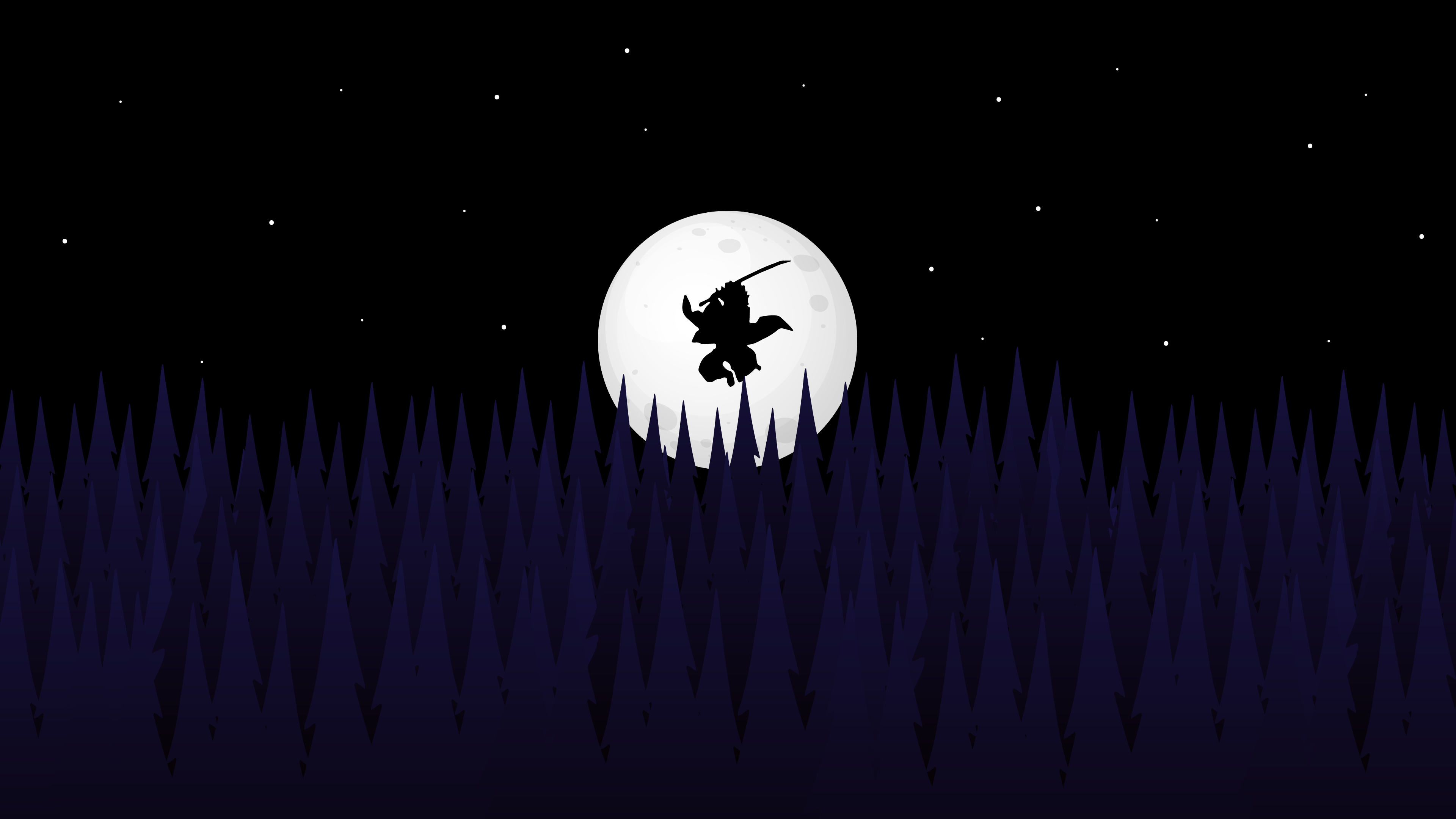 Minimalist silhouette of Tanjiro Kamado from Demon Slayer: Kimetsu no Yaiba under a moon against a dark background.