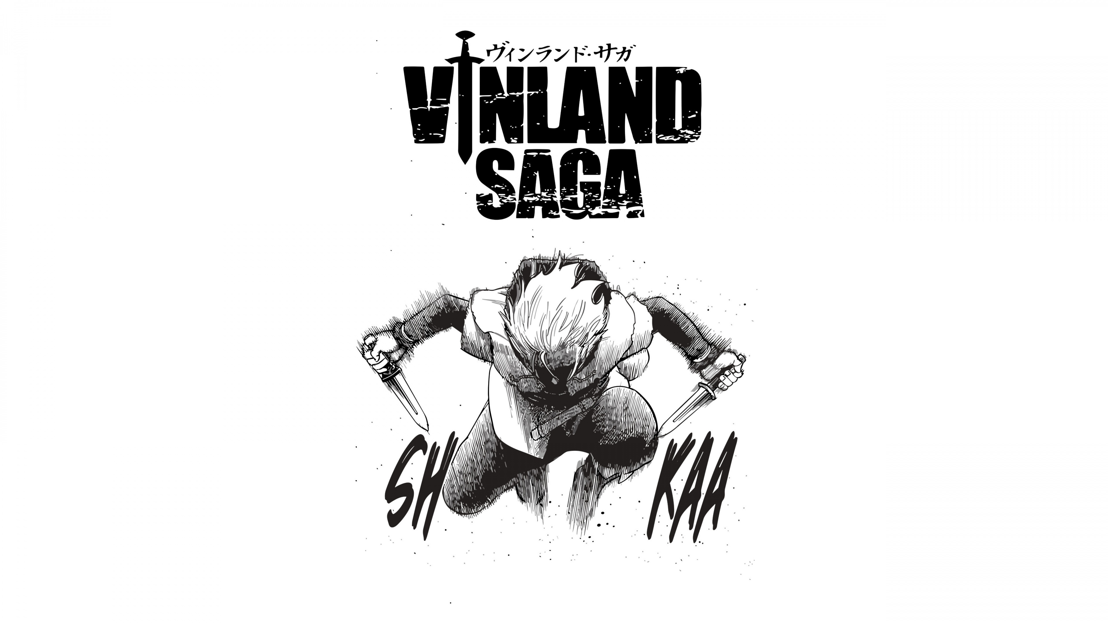 Black and white high-detail illustration of Thorfinn from Vinland Saga on a white background