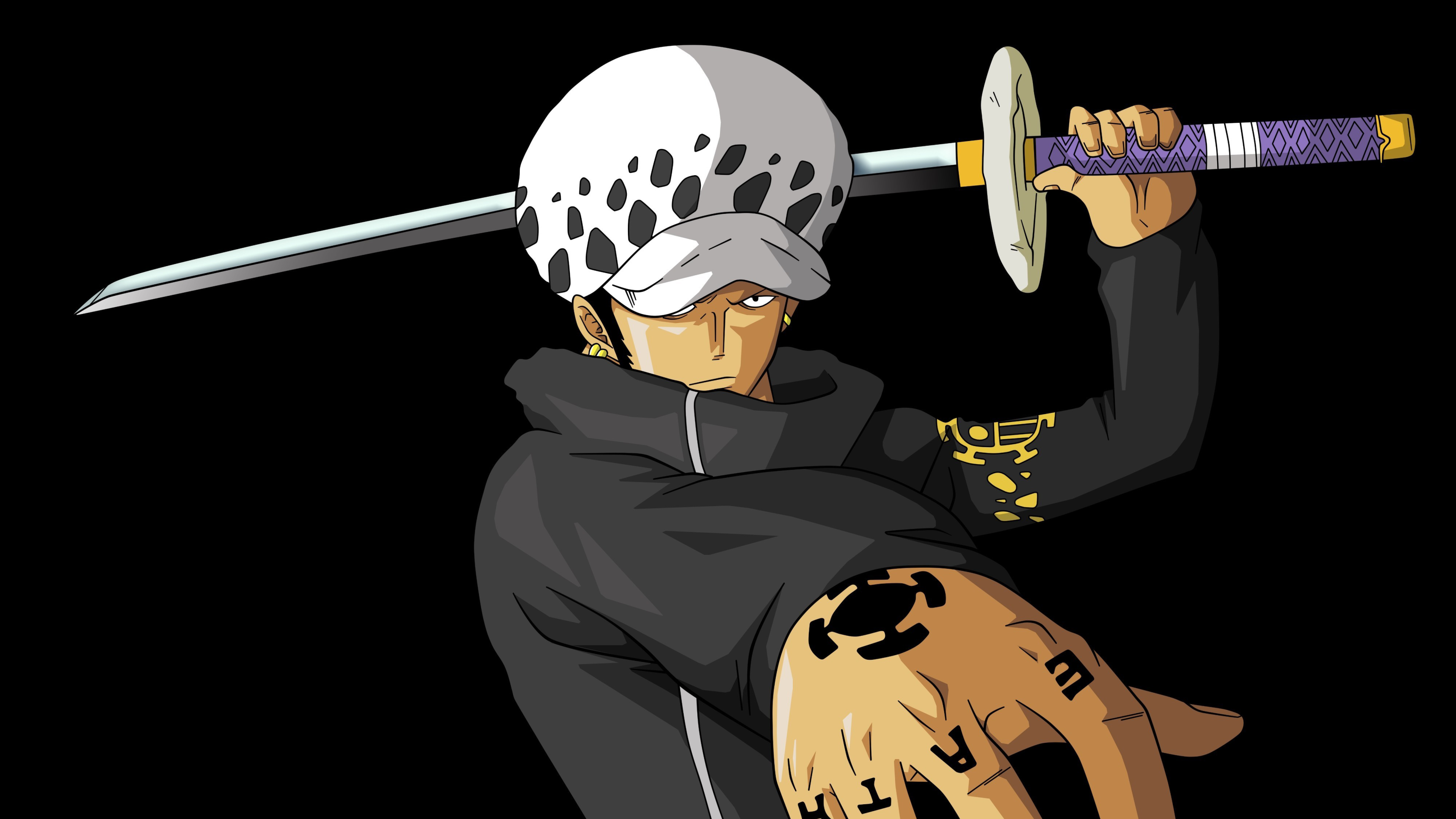 A high-detail 5K cinematic portrait of Trafalgar Law from the anime One Piece against a deep black background