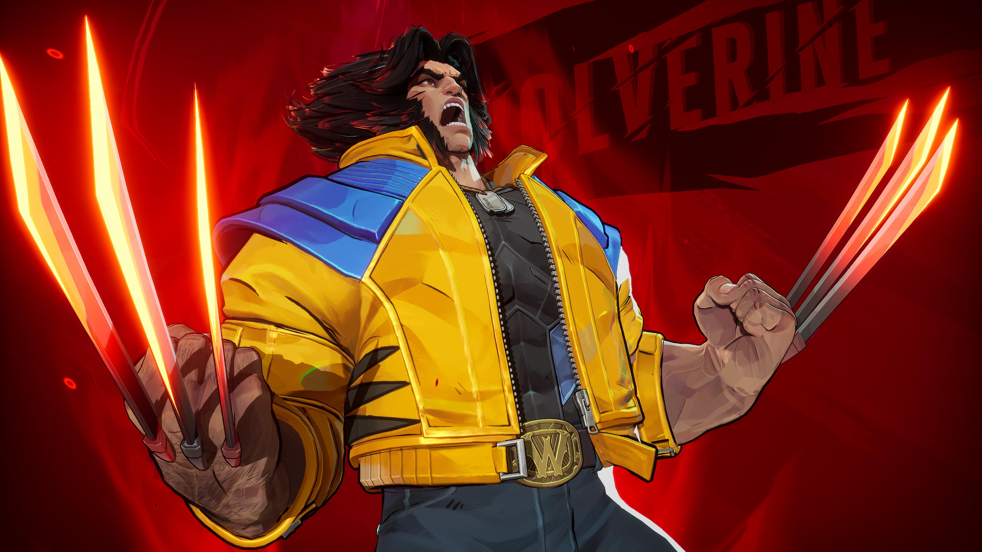 Wolverine from Marvel Rivals posing against a bright red background