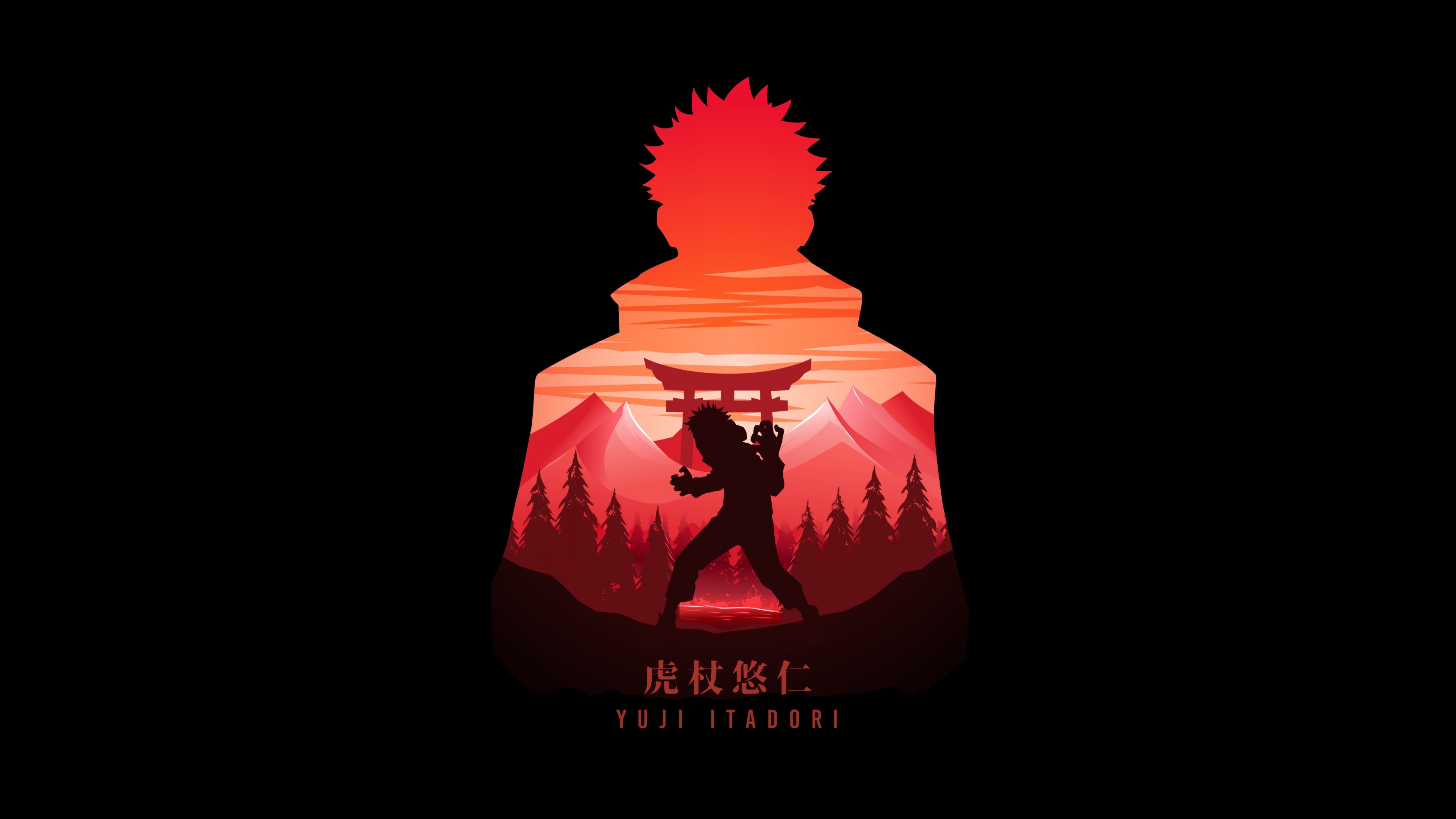 High-contrast AMOLED portrait of Yuji Itadori from Jujutsu Kaisen against a pitch-black background.