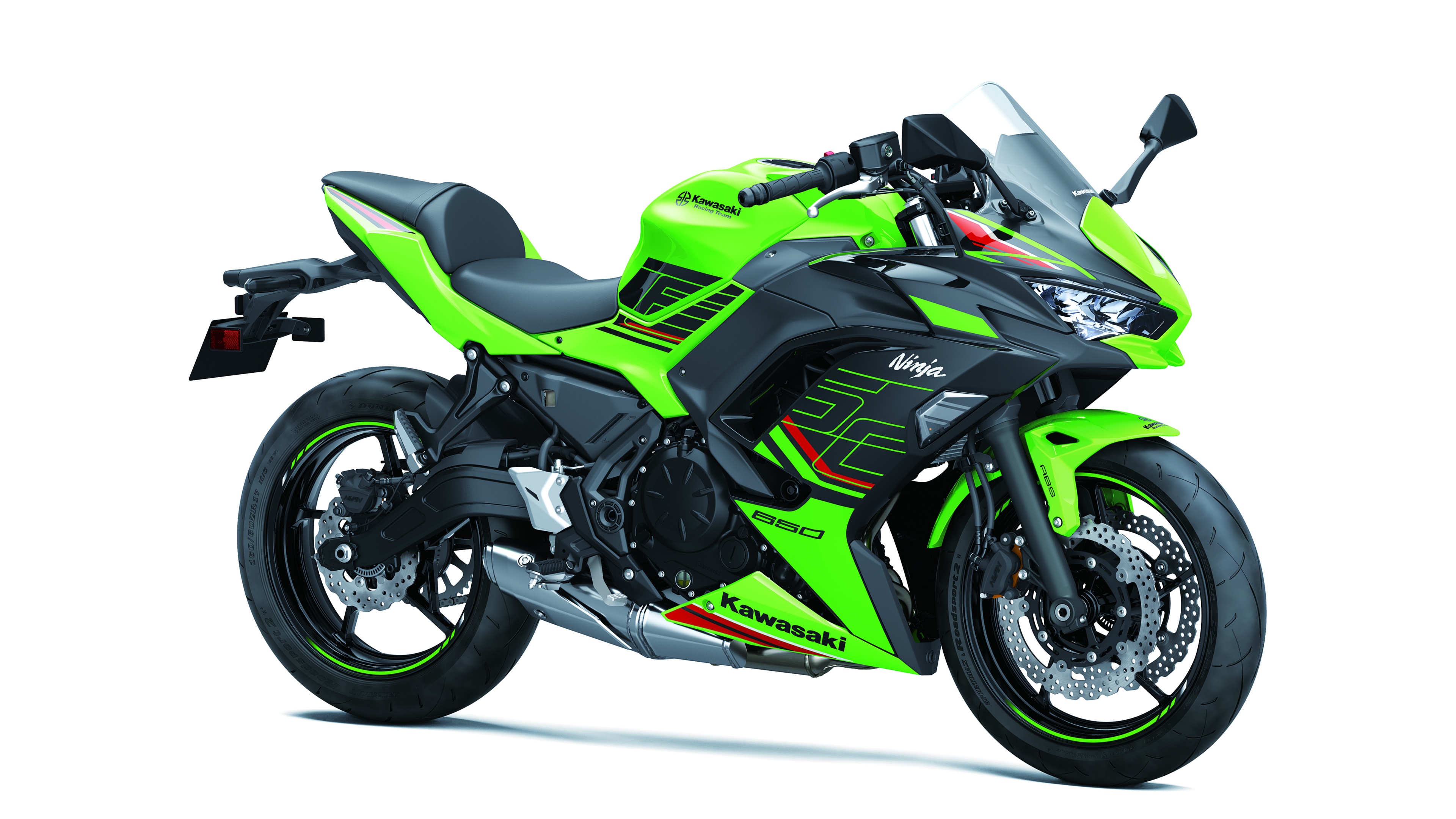 A detailed close-up of a 2023 Kawasaki Ninja 650 sports motorcycle featuring sleek black and green racing aesthetics.