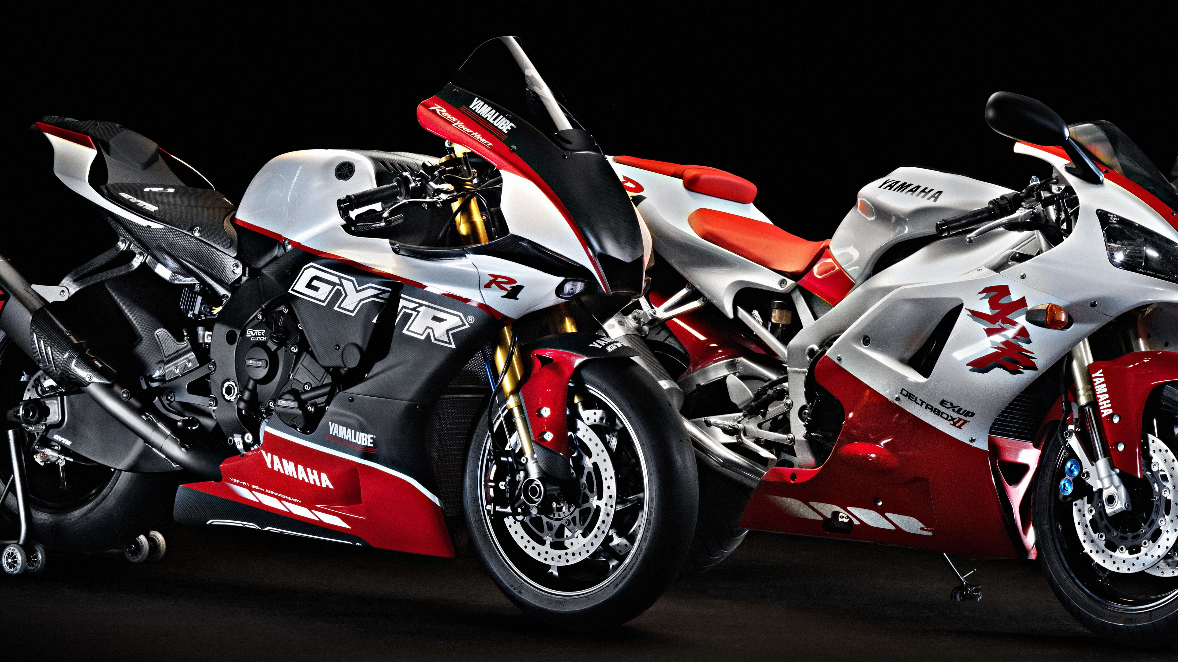 Close-up view of the 2023 Yamaha R1 GYTR Pro motorcycle featuring 25th Anniversary racing livery and high-performance components.