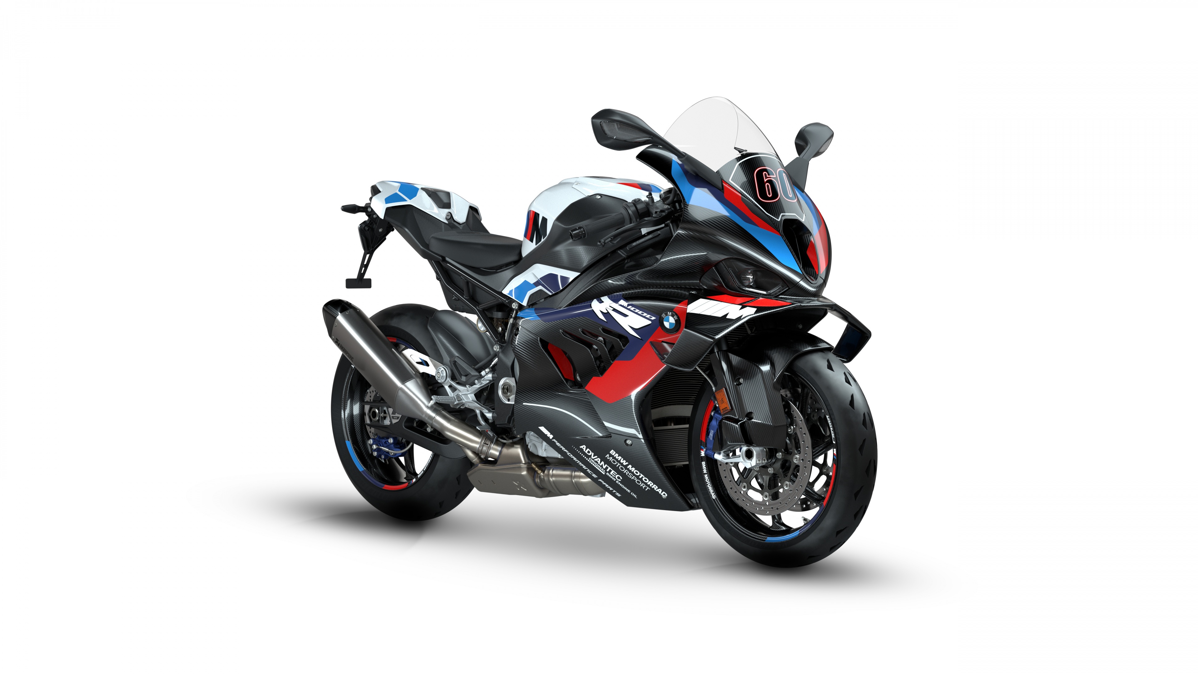 A professional studio shot of a 2024 BMW M 1000 RR motorcycle on a solid white background.