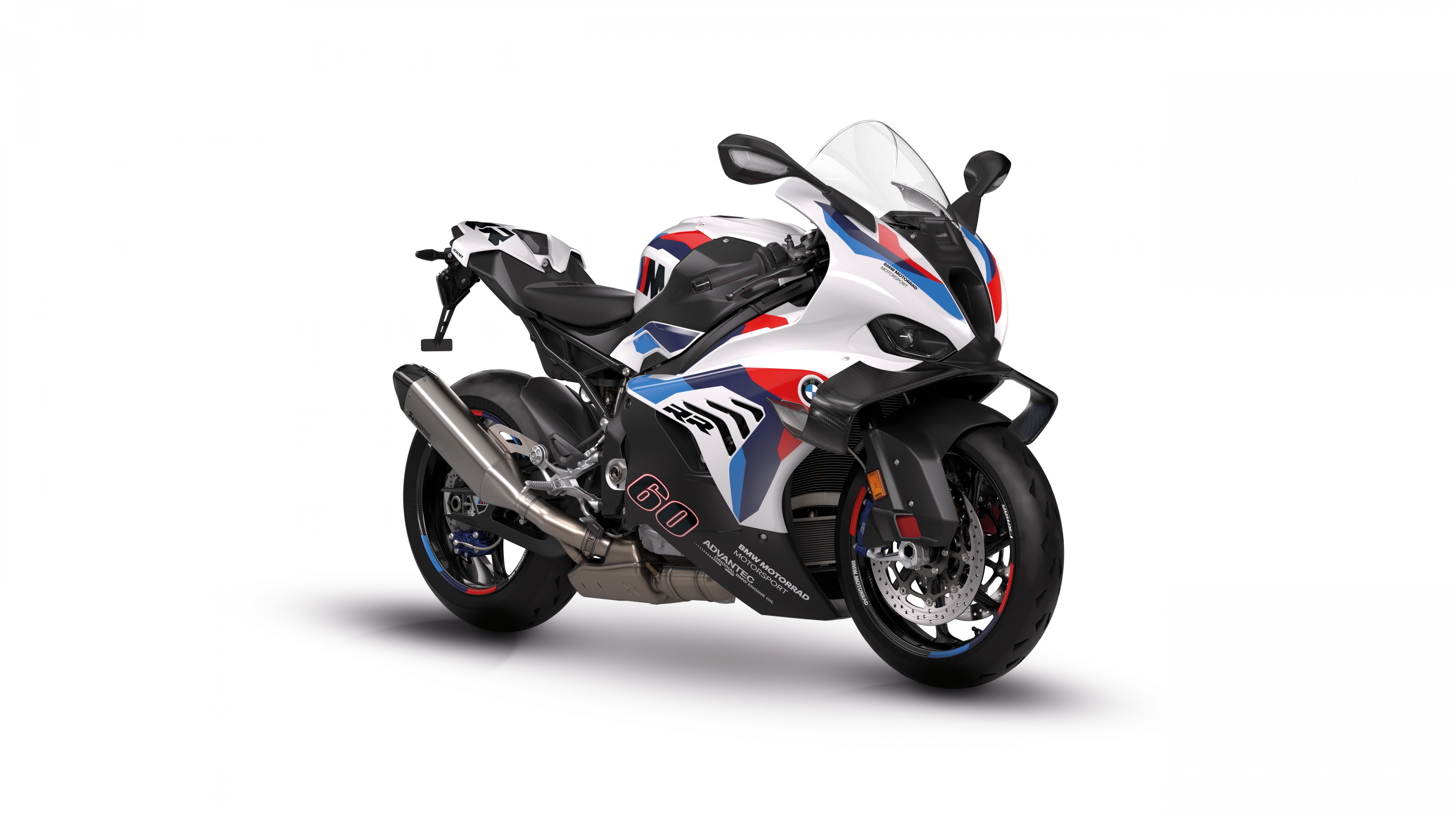 Close-up shot of the 2024 BMW M 1000 RR motorcycle isolated on a white background