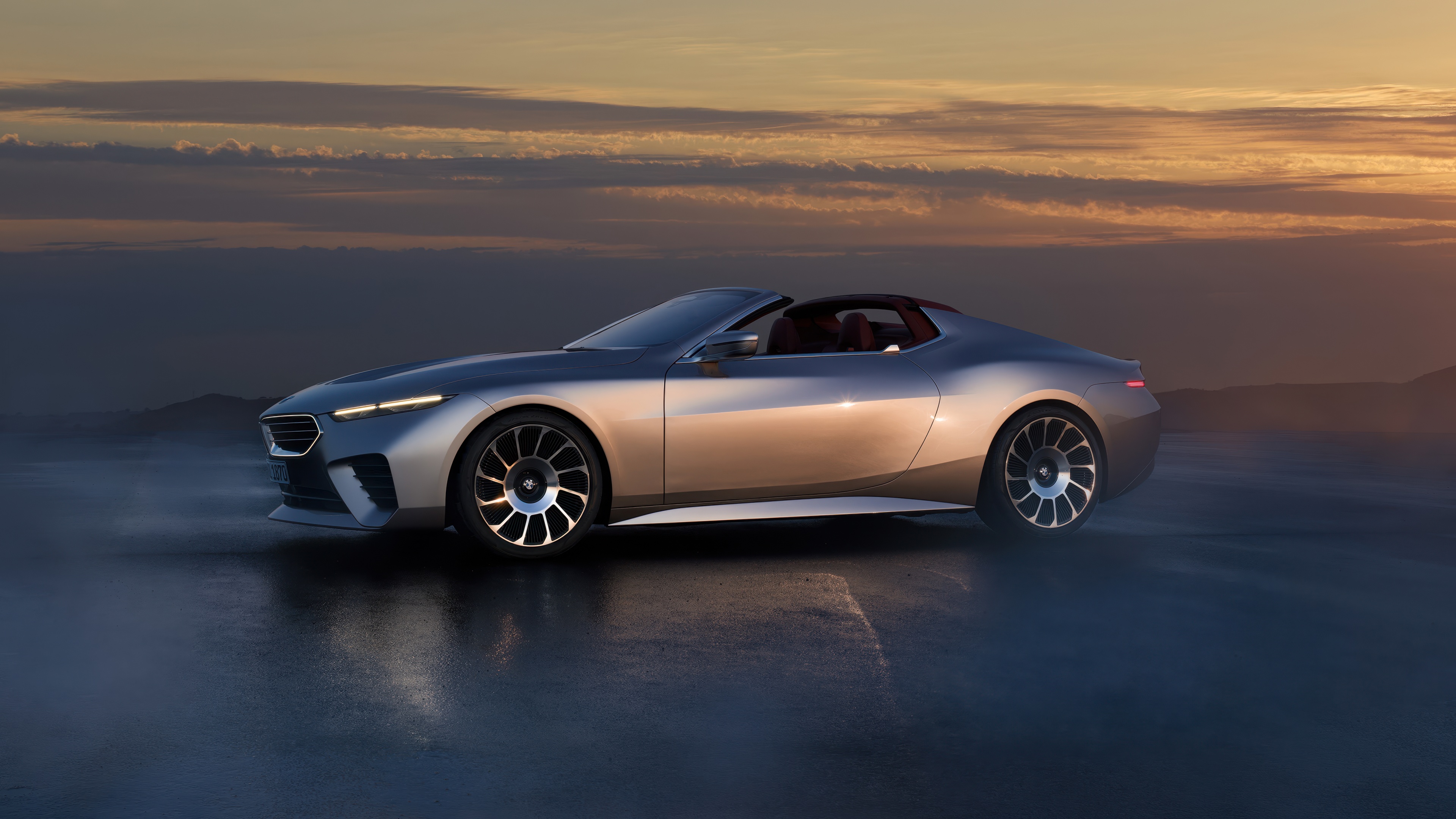 A sleek, aerodynamic 2024 concept roadster car with futuristic design elements and high-tech bodywork.