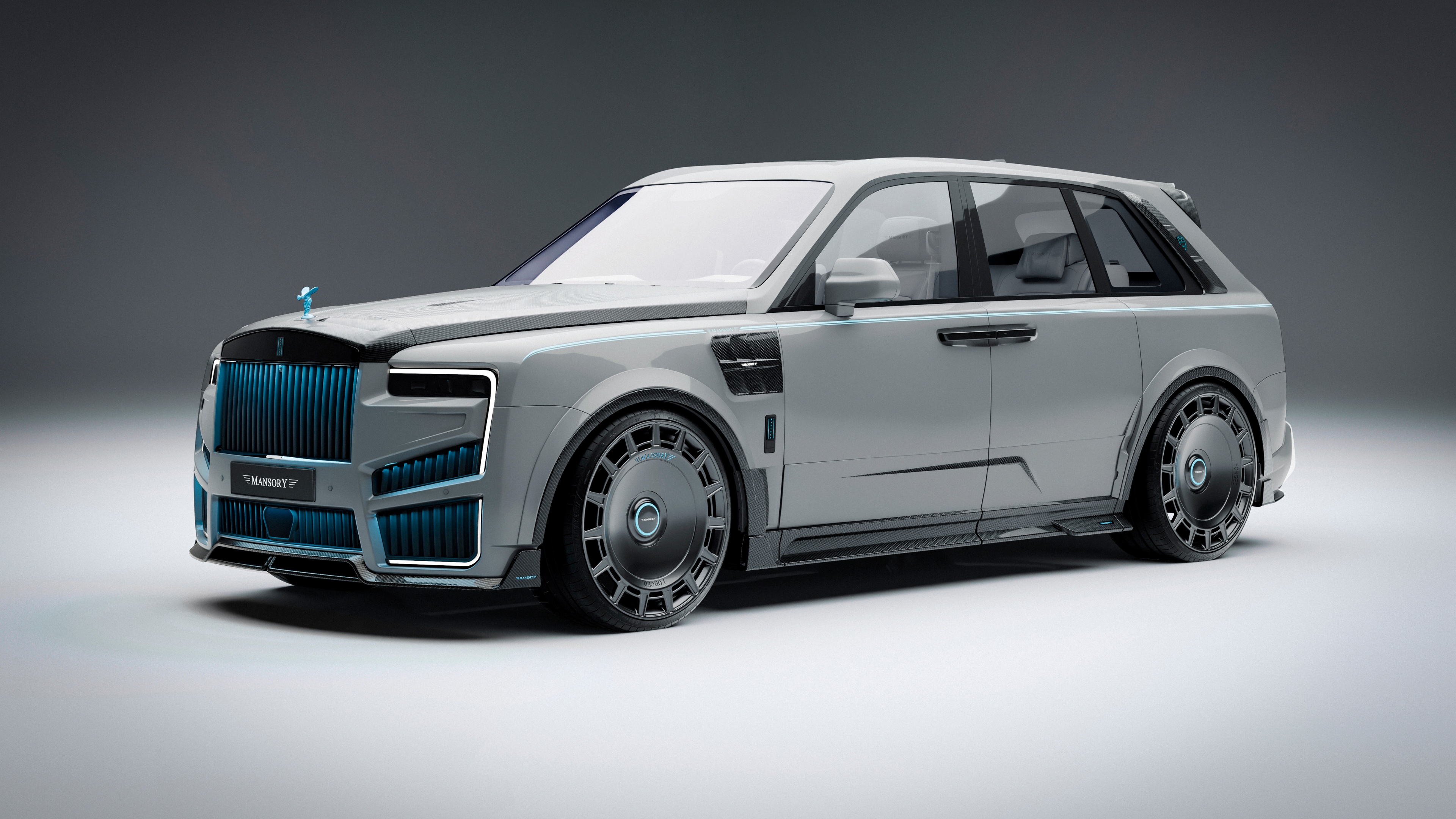 A grey 2024 Mansory modified Rolls-Royce Cullinan luxury SUV featuring aggressive custom bodywork.