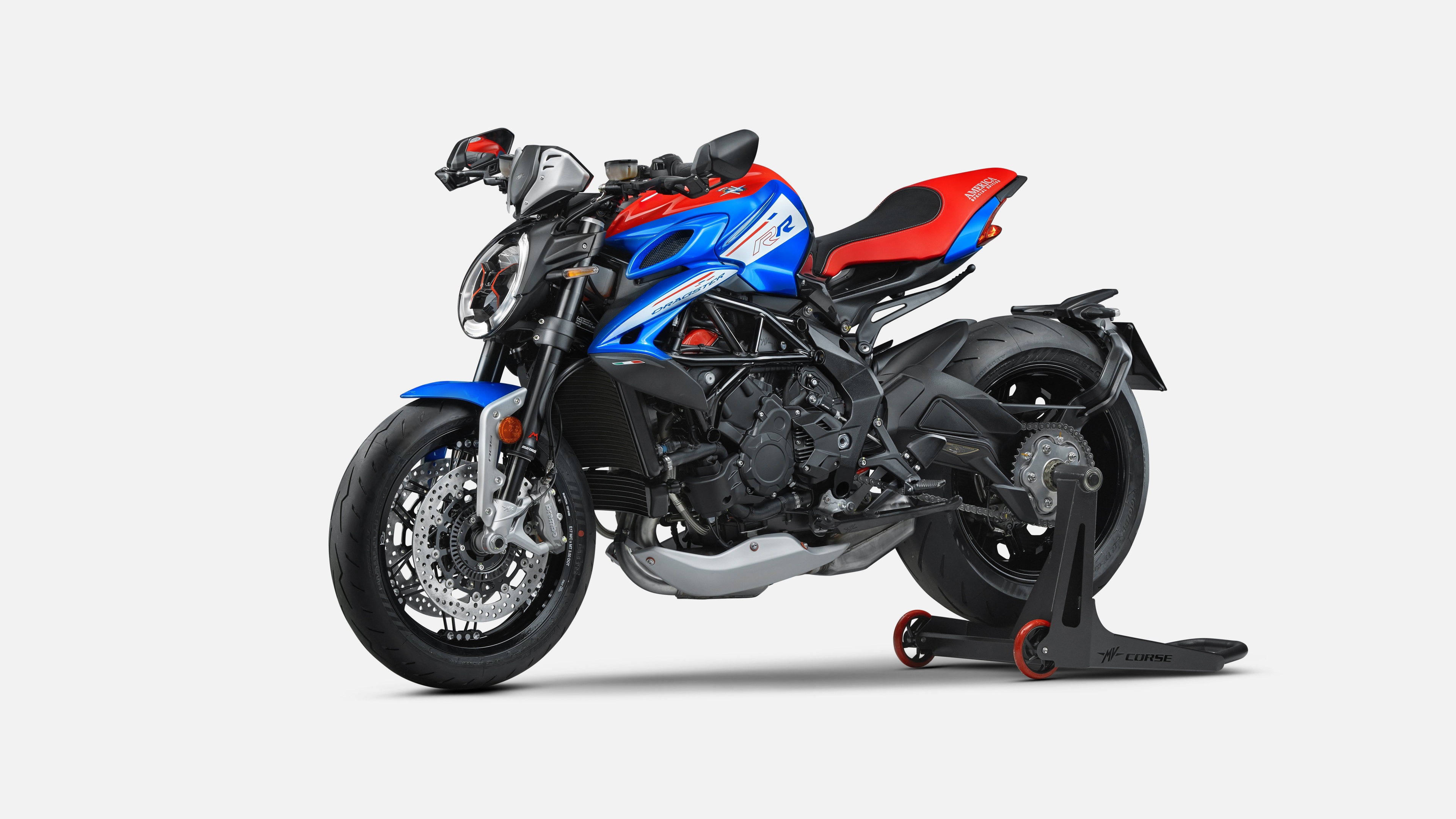 A high-detail studio photograph of a white and premium 2024 MV Agusta Dragster RR SCS superbike isolated on a white background.