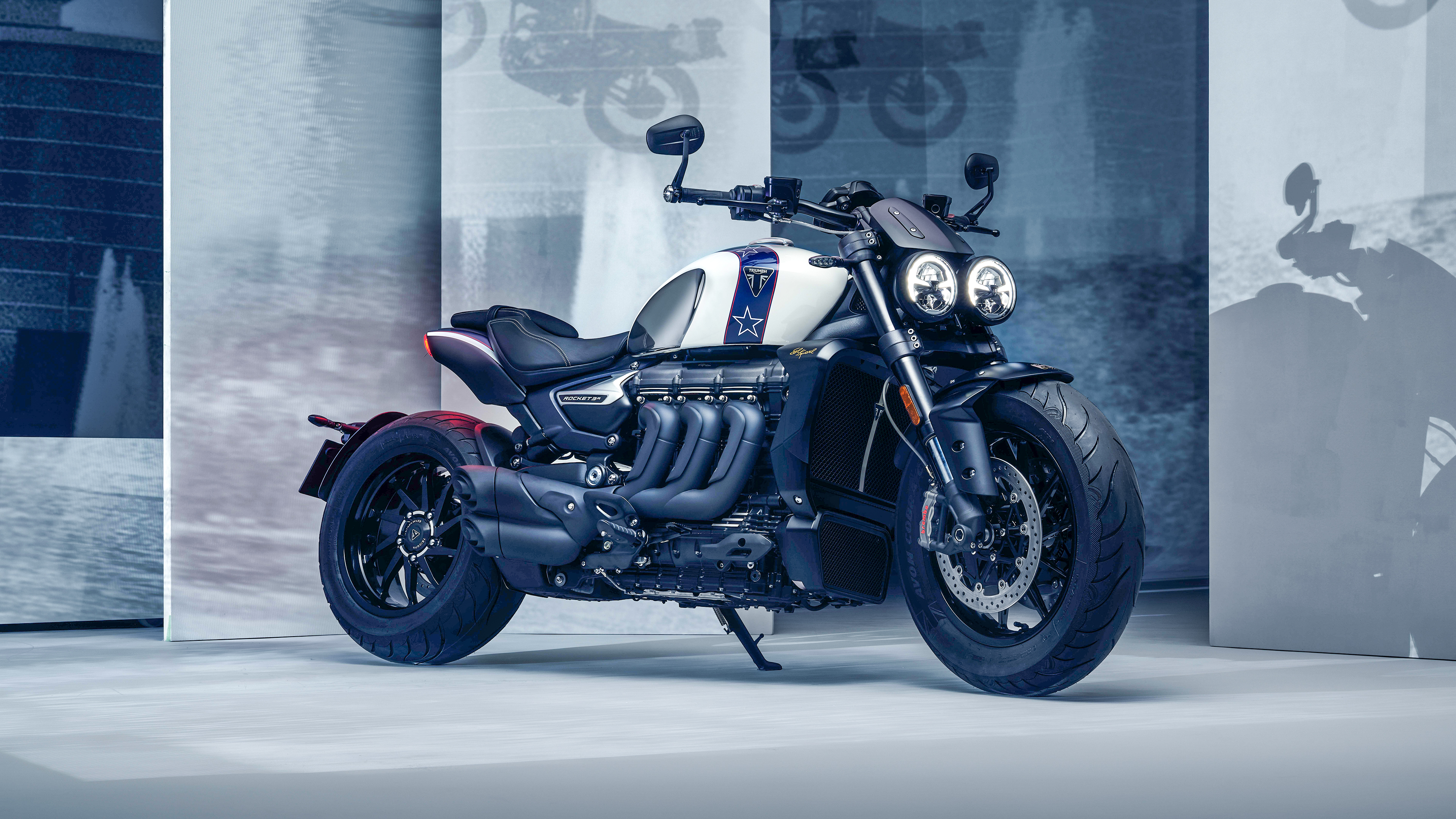 A detailed view of the 2024 Triumph Rocket 3 Limited Edition roadster motorcycle featuring premium metallic finishes.