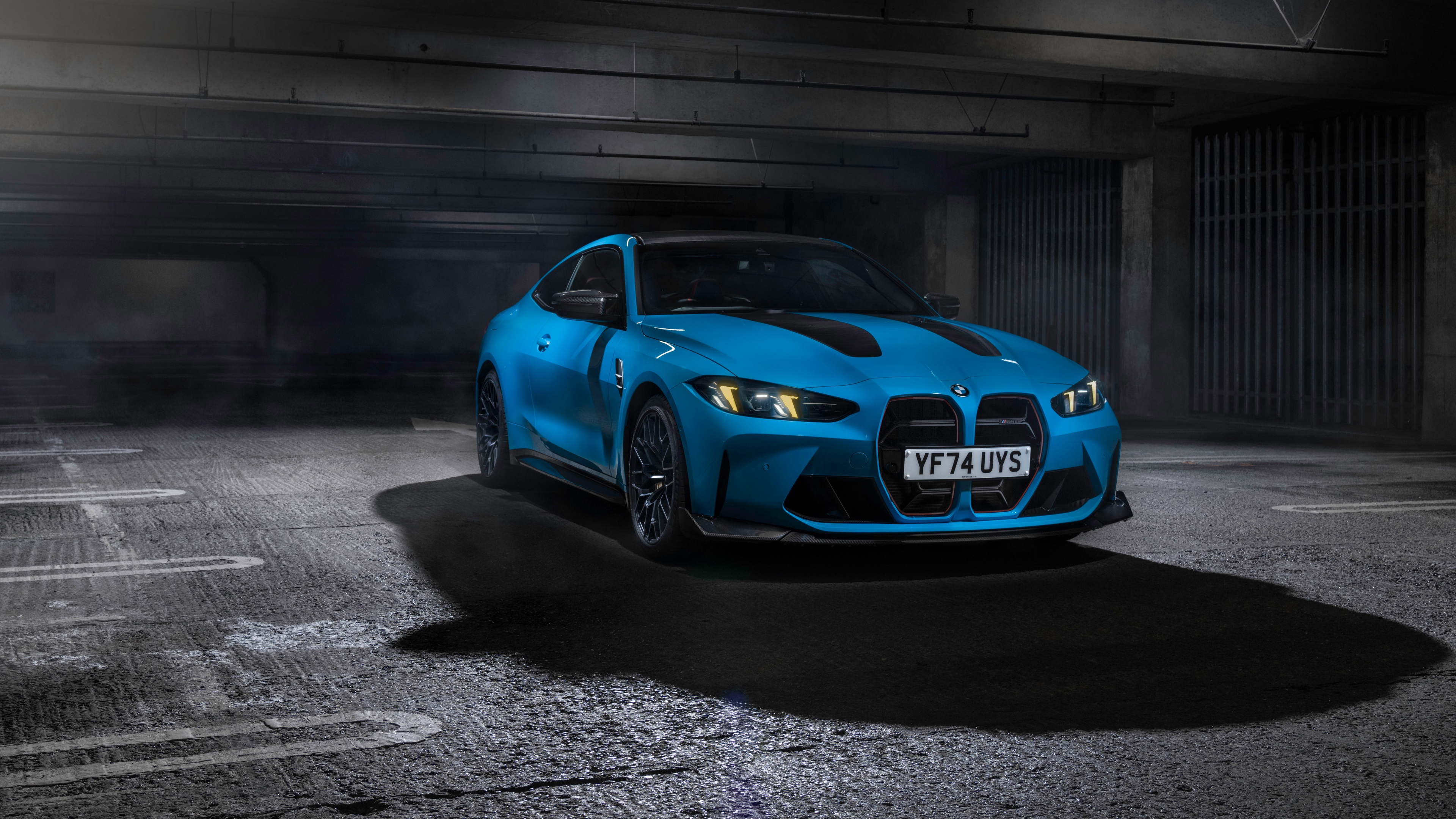 A high-detail, cinematic shot of a BMW M4 CS featuring a dark, moody aesthetic and aggressive automotive design.