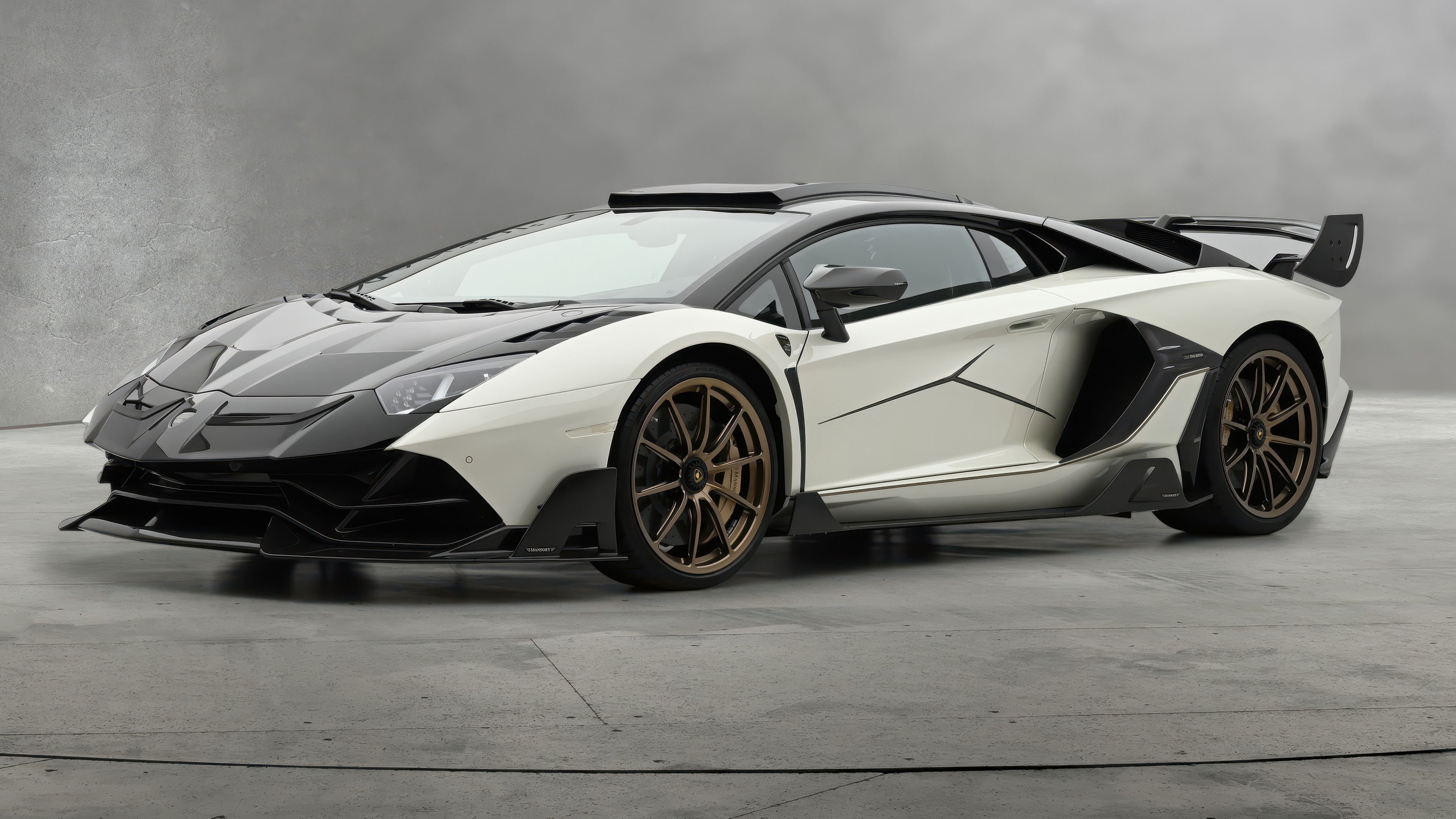 A high-resolution, detailed view of a 2025 Mansory Lamborghini Aventador LP 780-4 Ultimae Final Edition, featuring custom aerodynamic elements and carbon fiber detailing.