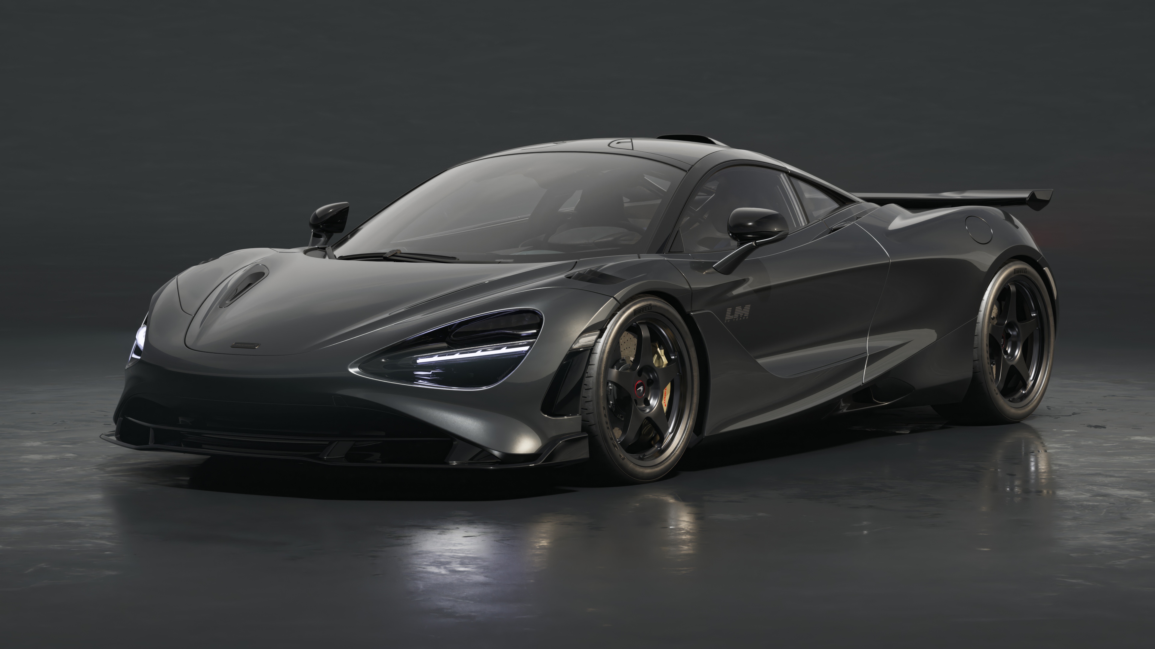 Close-up shot of the 2025 McLaren 750S Le Mans Special Edition supercar with a dark, cinematic aesthetic.
