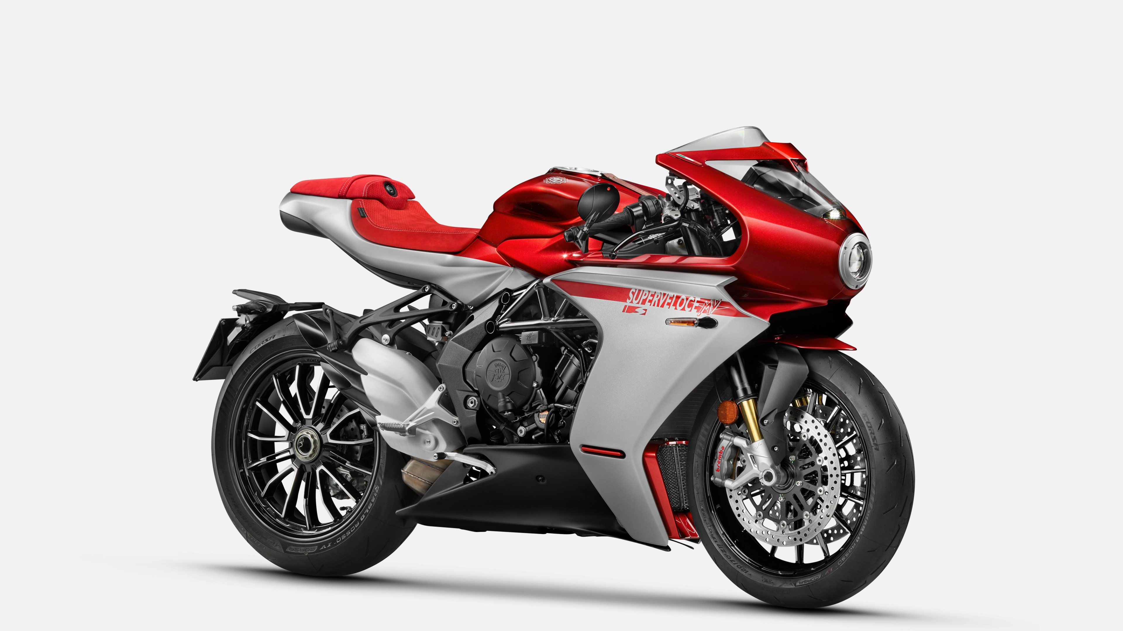 A detailed studio shot of the 2025 MV Agusta Superveloce S sports motorcycle on a white background.