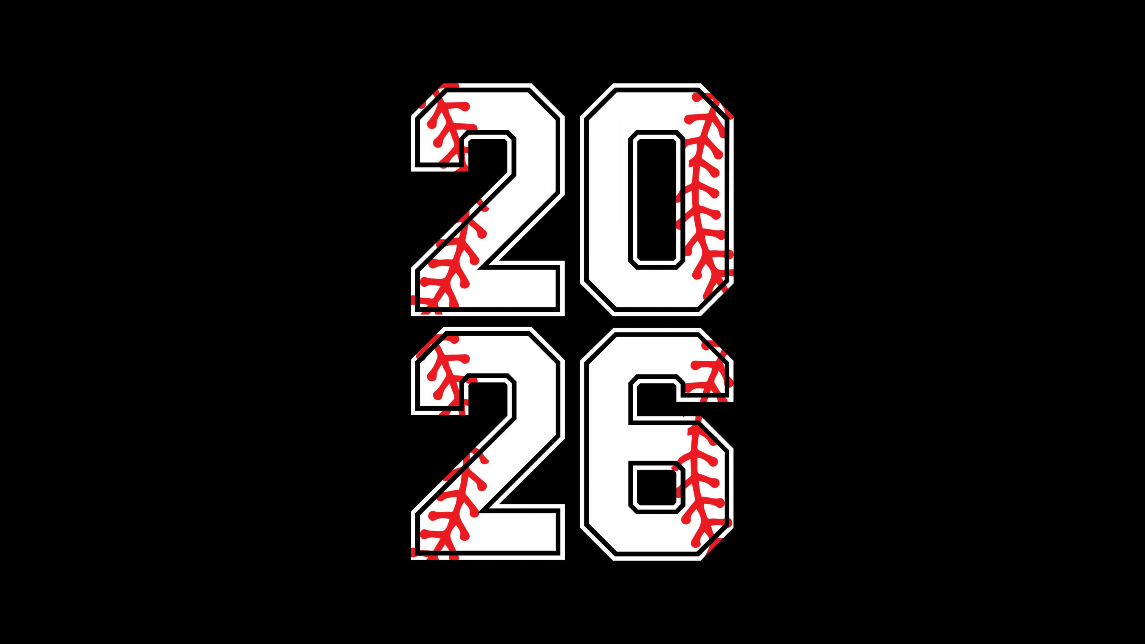 A high-resolution 5K image of baseball-themed 2026 New Year decorations on a pure black AMOLED background.
