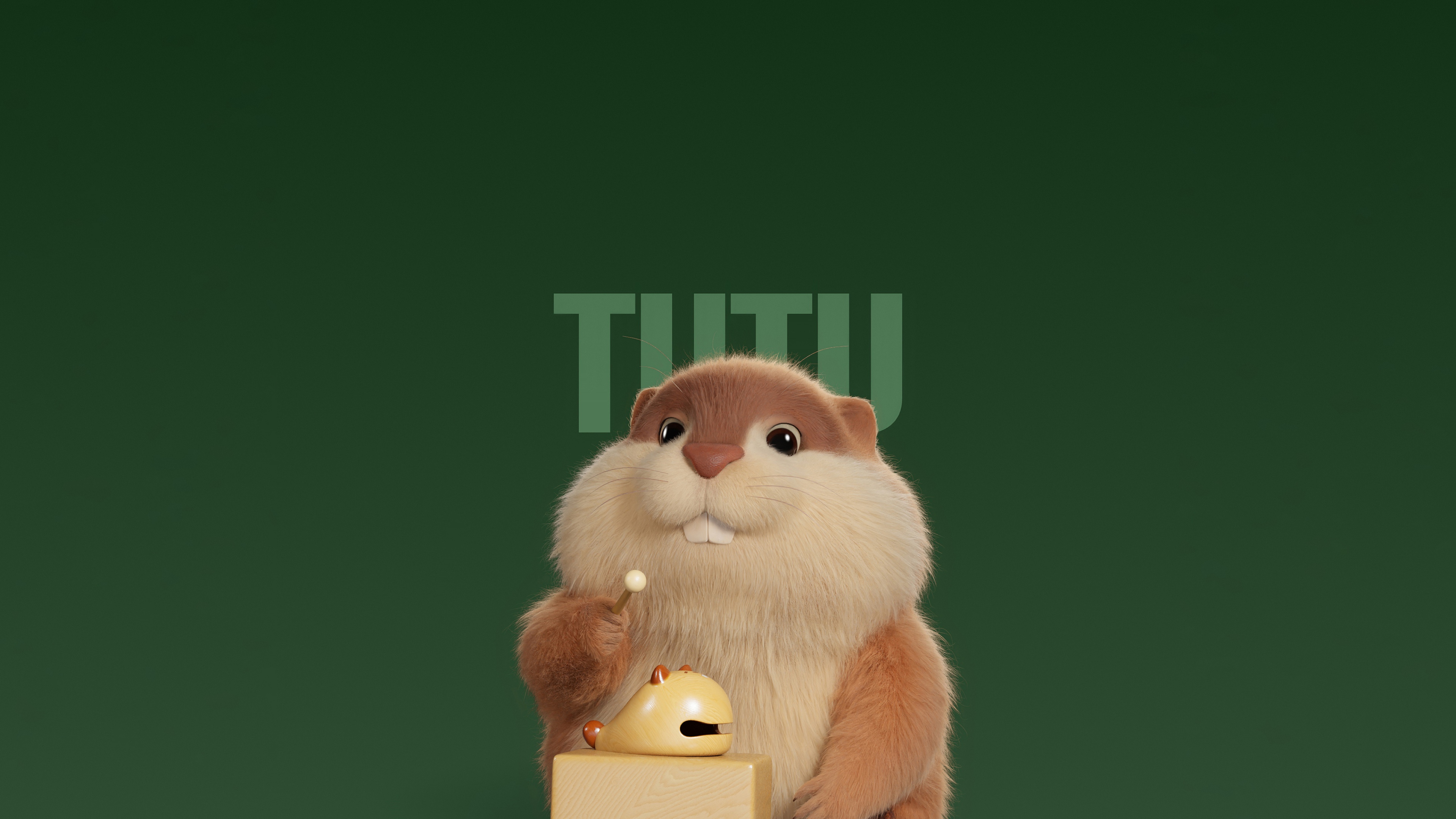 A cute and friendly cartoon beaver character with large eyes, isolated on a bright green background.