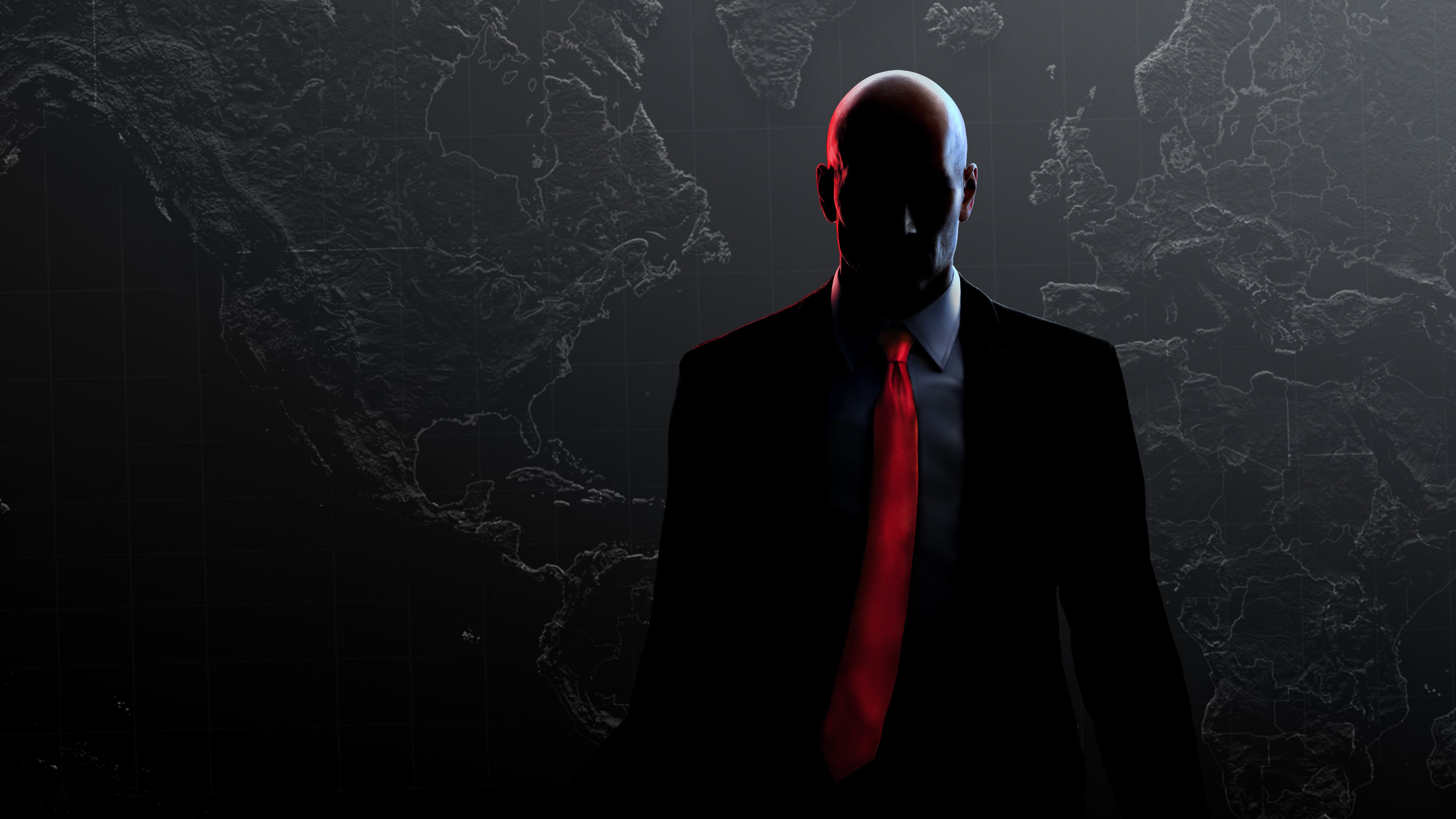 A cinematic and dark-themed portrait of Agent 47 from the Hitman video game series.