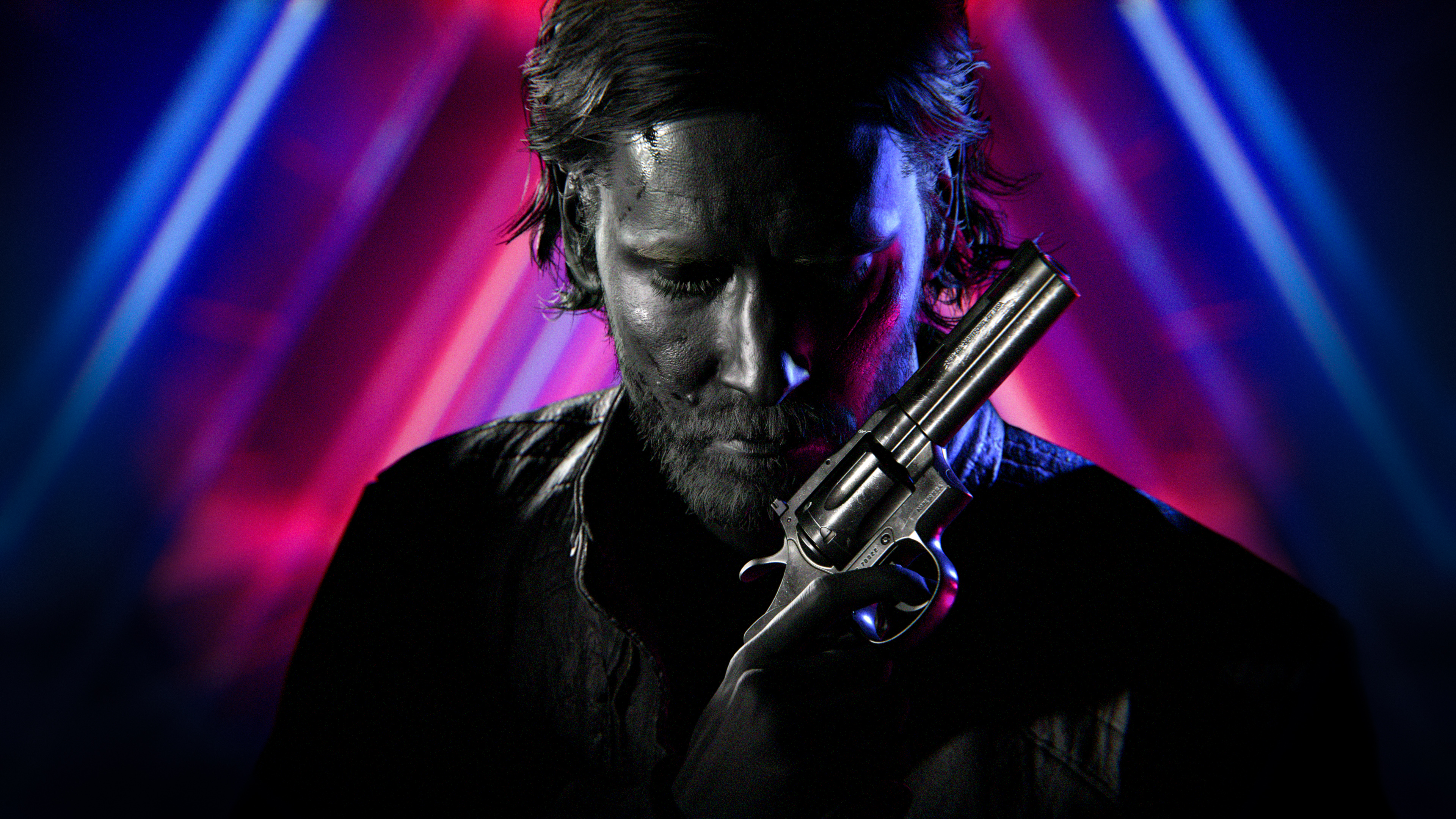 Alan Wake from Alan Wake 2 surrounded by a dark, mysterious atmosphere with vibrant neon lighting.