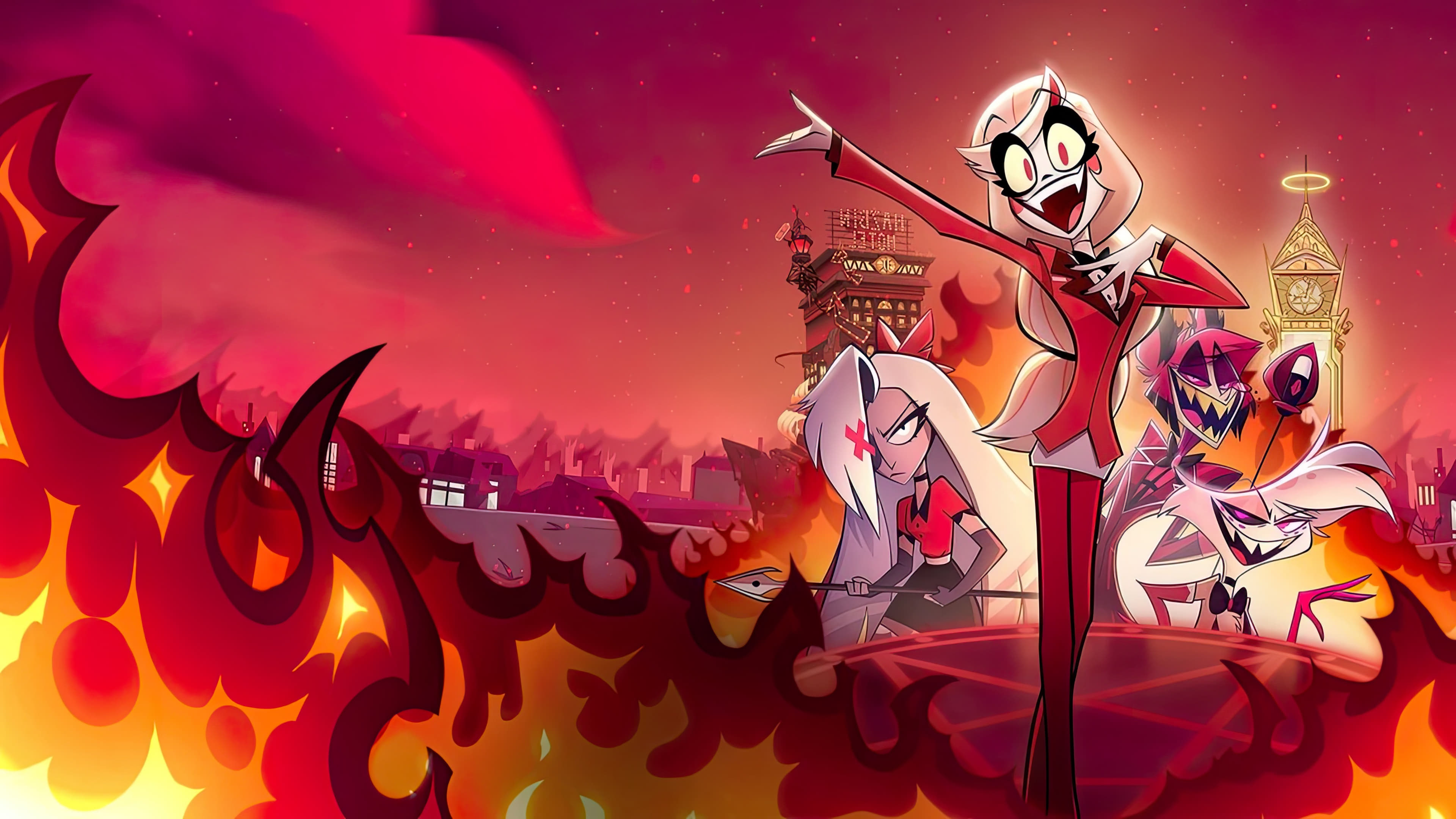 An anime-style depiction of Alastor from Hazbin Hotel, featuring his signature red-toned design and menacing smile.