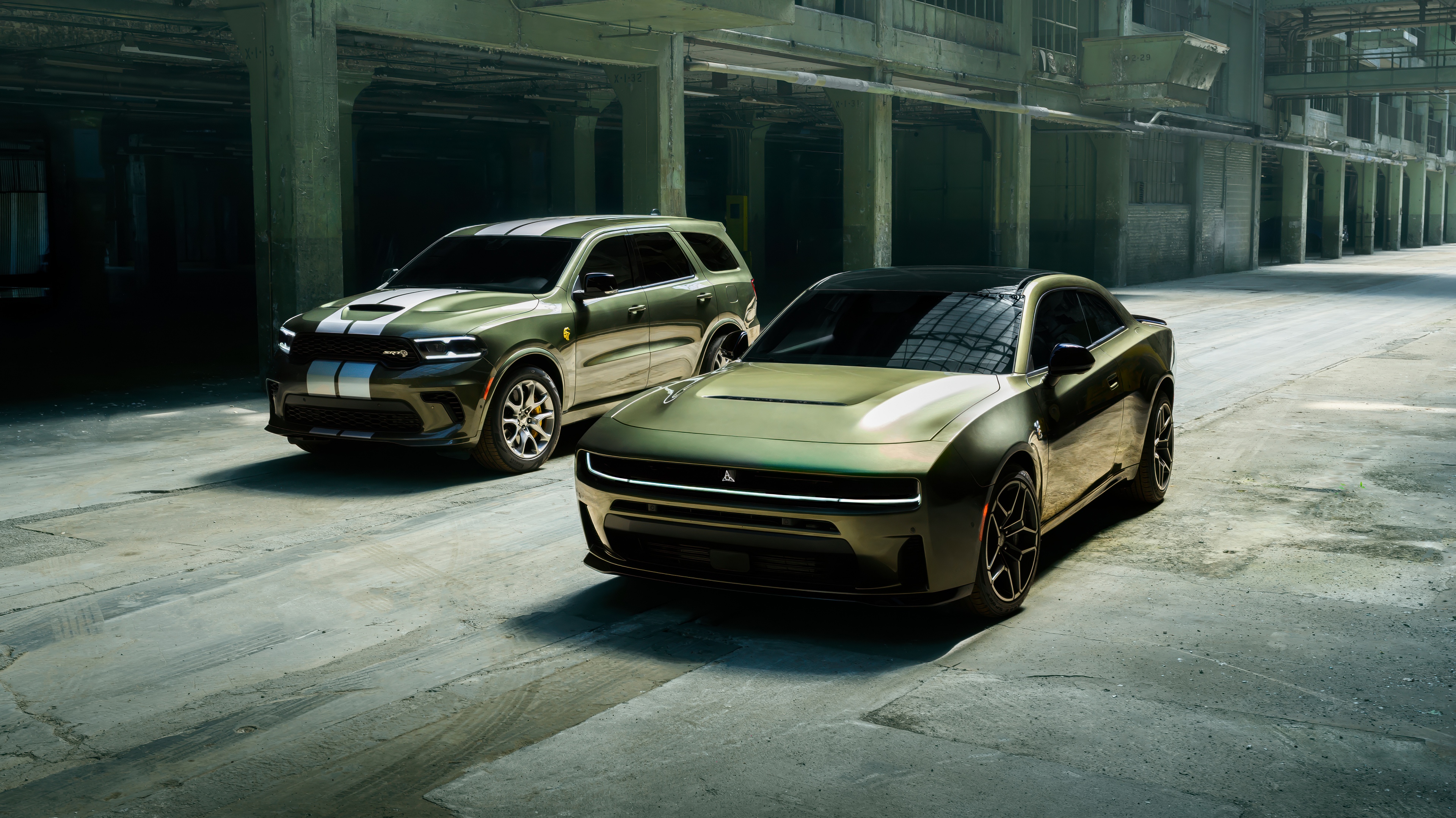 A high-resolution 5K composition featuring a Dodge Charger Daytona and a Dodge Durango.