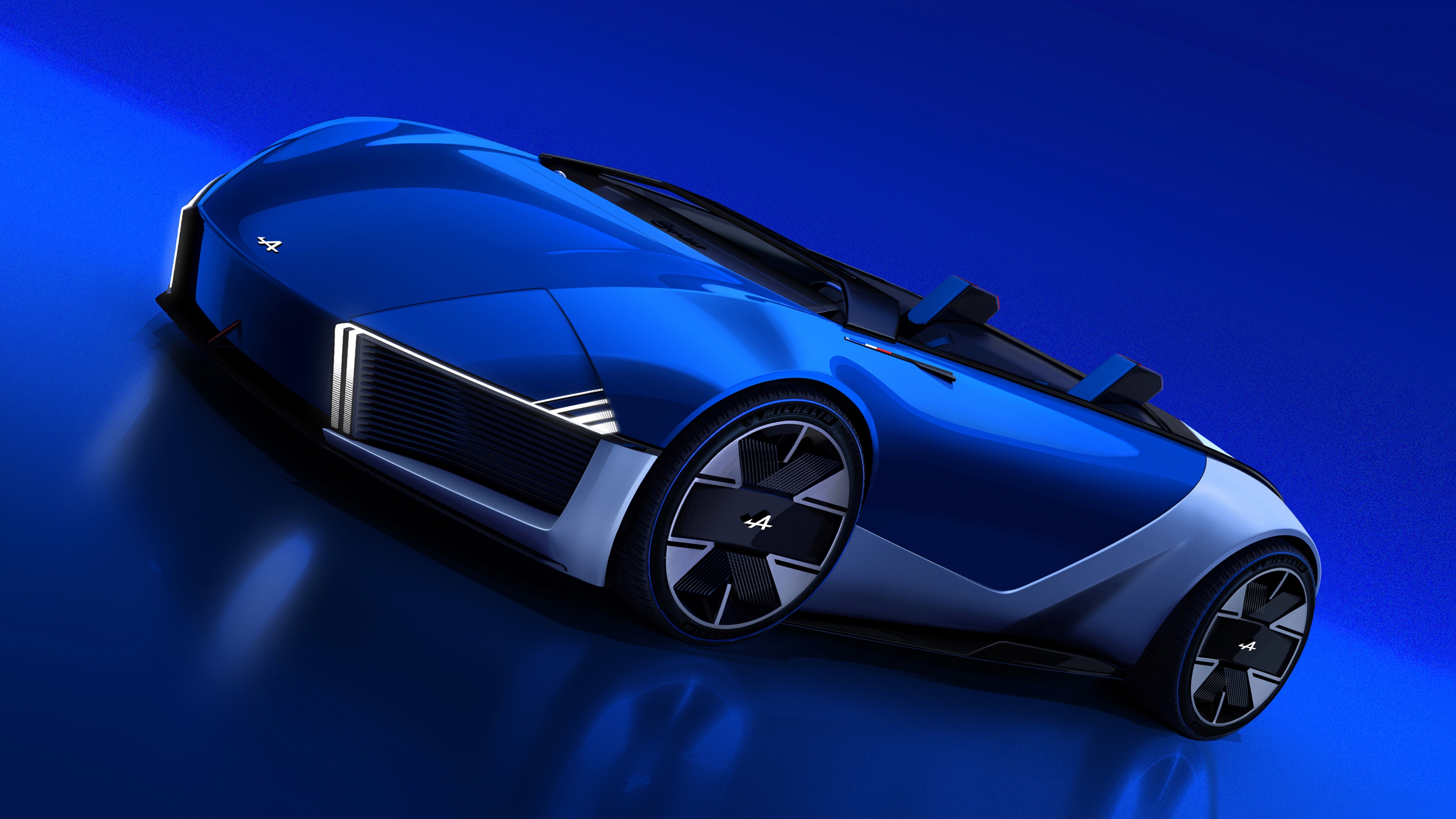 A sleek, futuristic concept car rendered in a monochromatic blue aesthetic with a deep blue background.