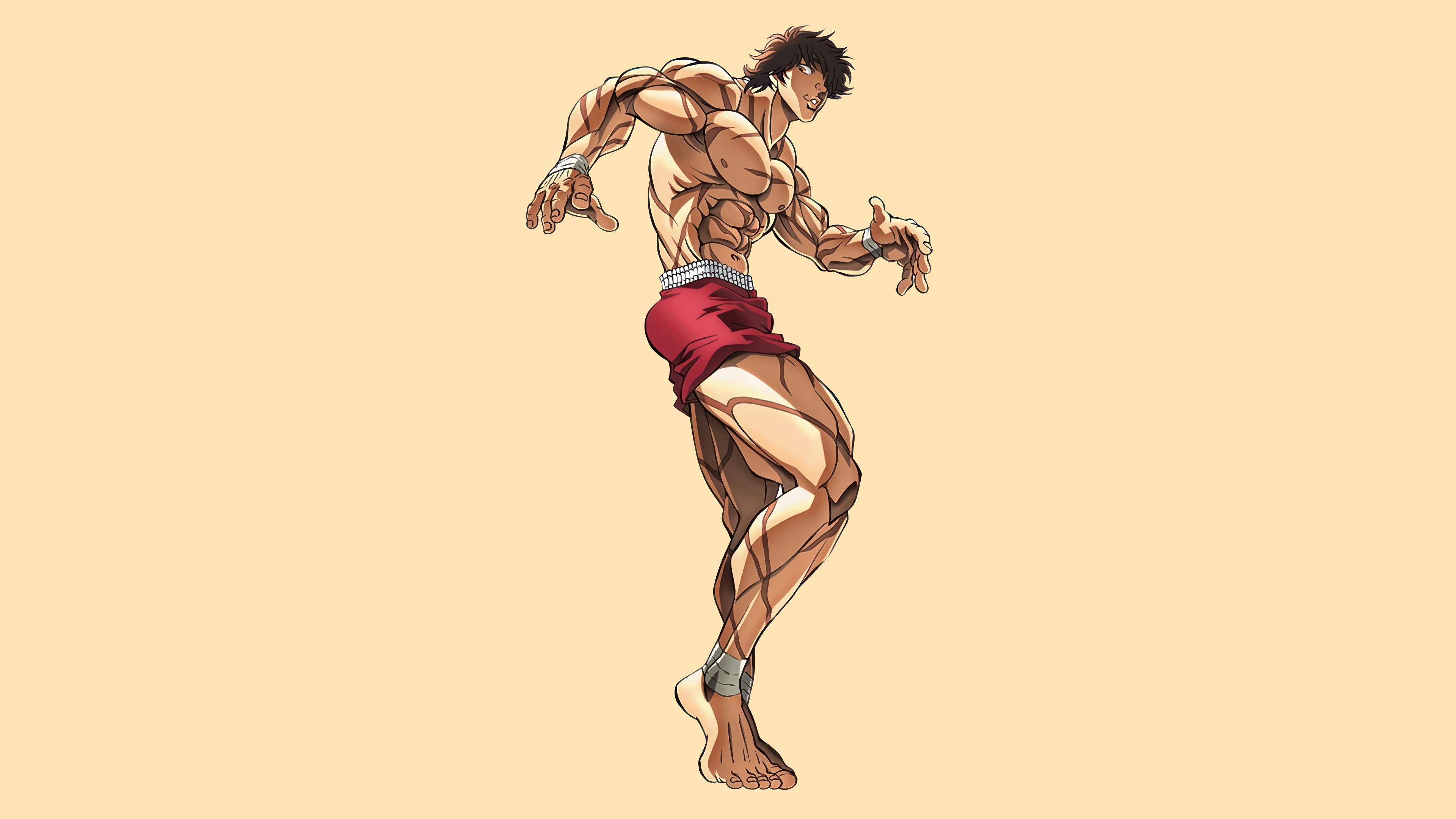 A minimalist 8K illustration of Baki Hanma from Baki the Grappler set against a soft peach pastel background.