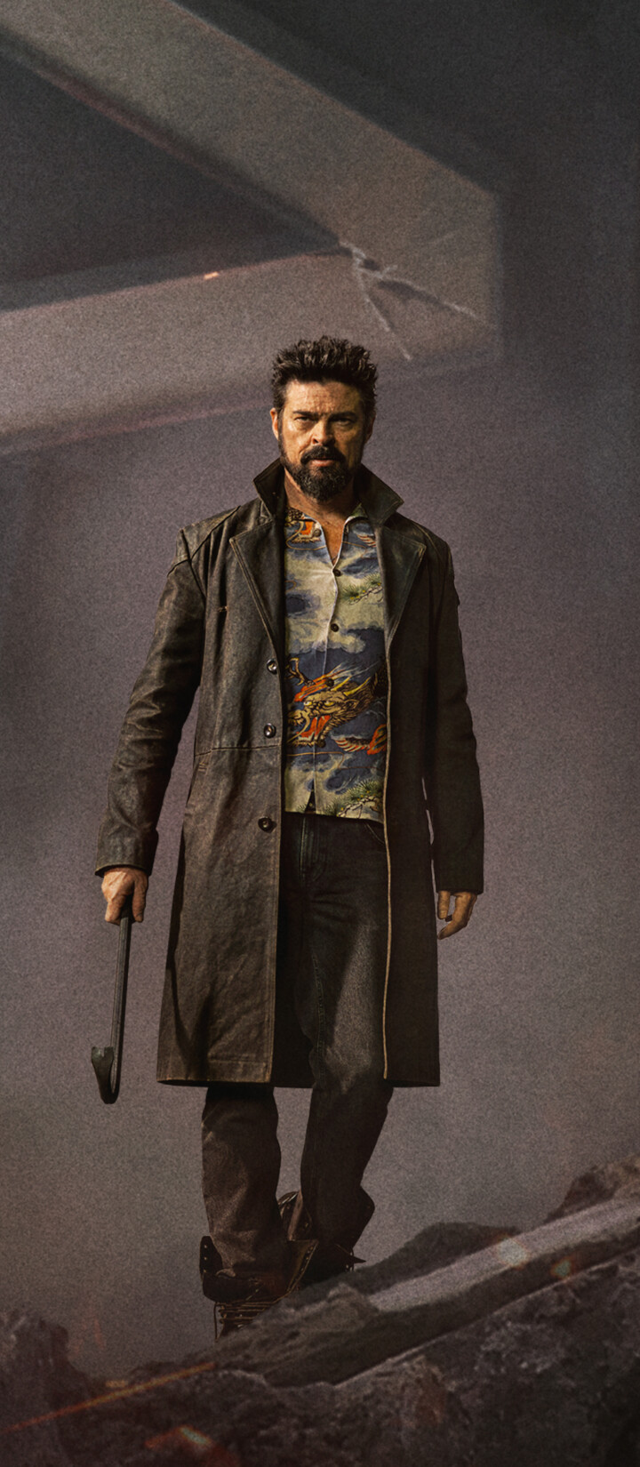 A cinematic and intense close-up of Billy Butcher, played by Karl Urban, from the TV series The Boys.