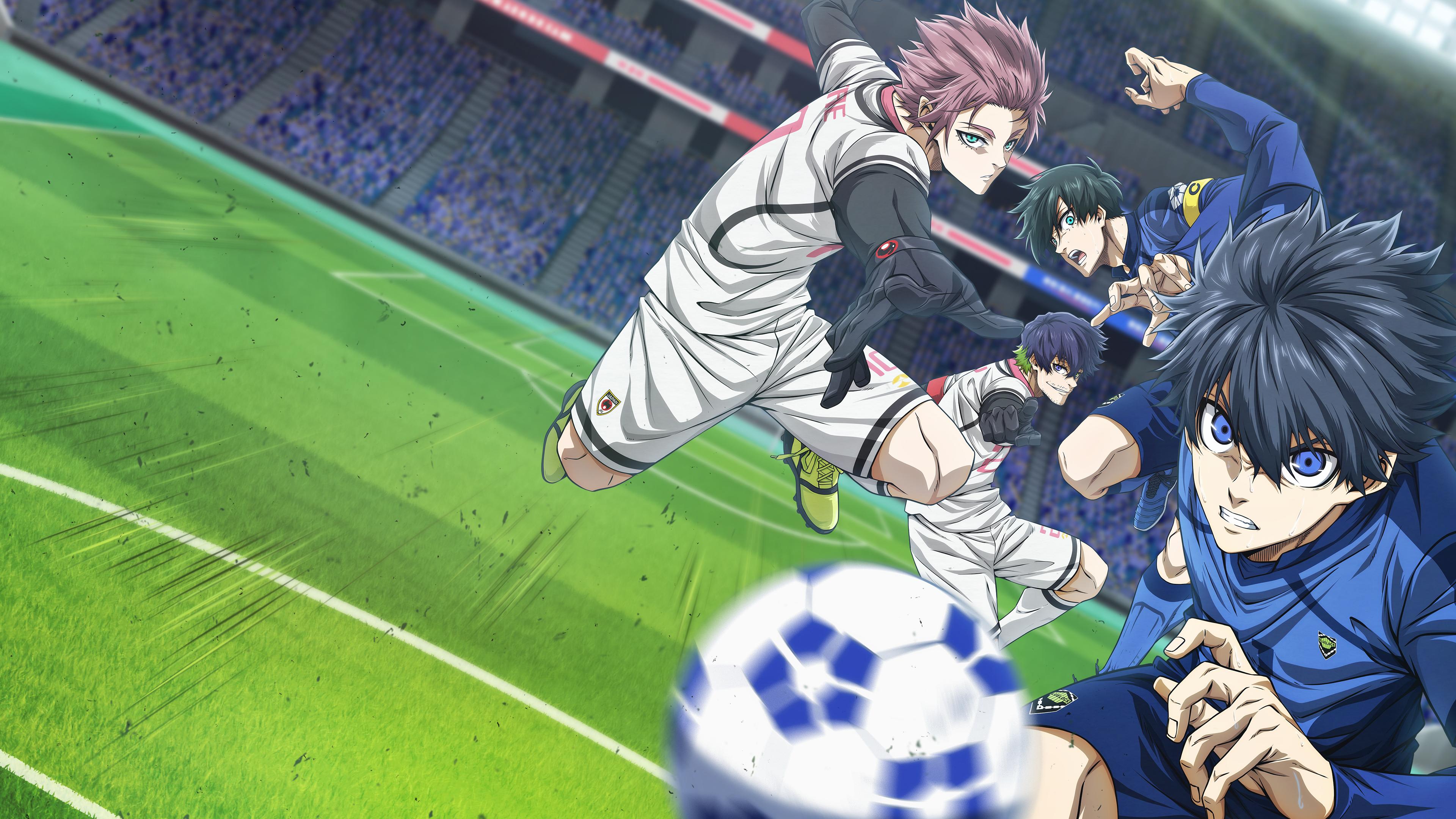 A dramatic ensemble poster featuring Yoichi Isagi, Rin Itoshi, Sae Itoshi, and Oliver Aiku from the Blue Lock anime.