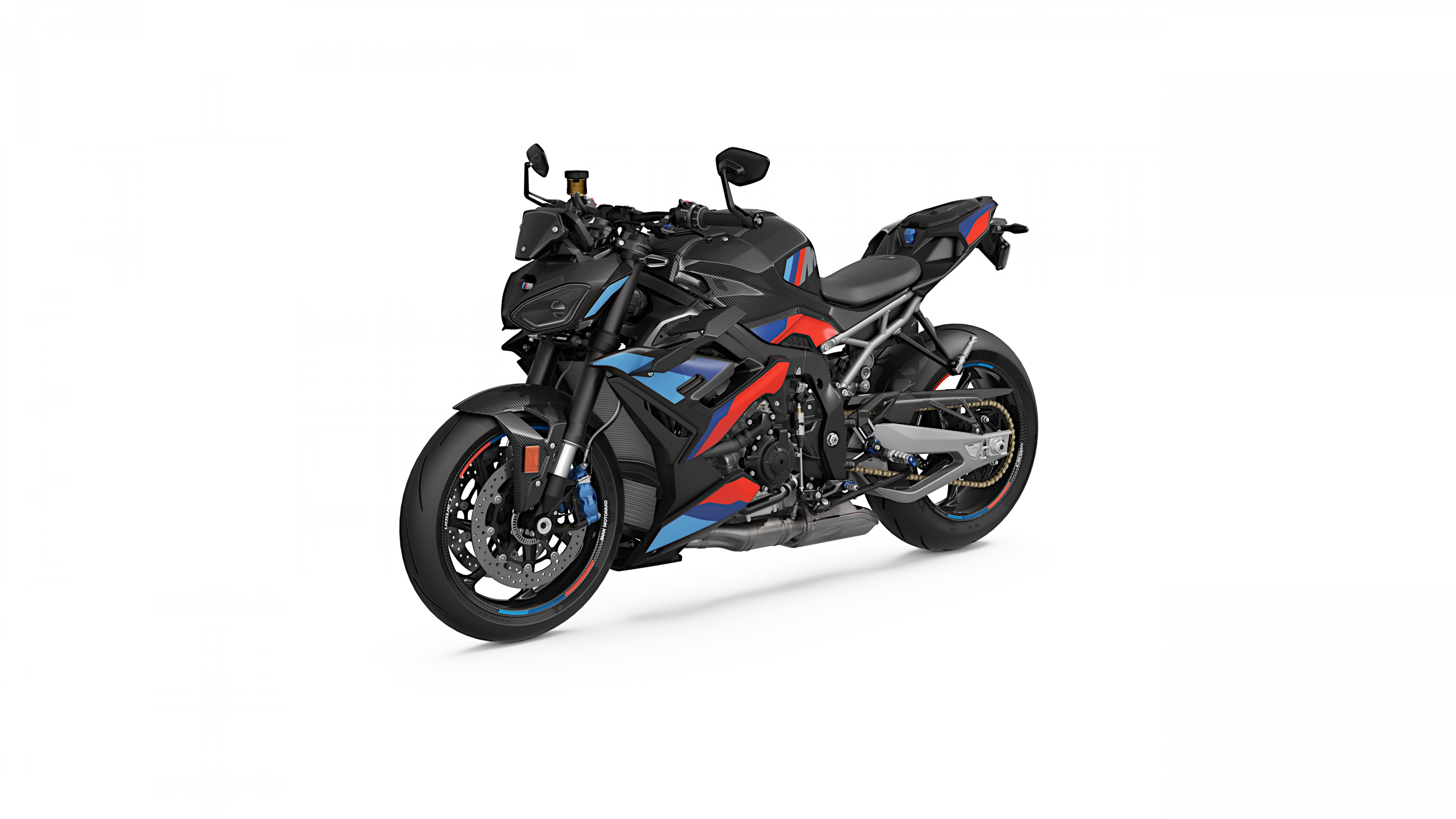 A high-performance BMW M 1000 R M Competition sports motorcycle isolated on a white background.