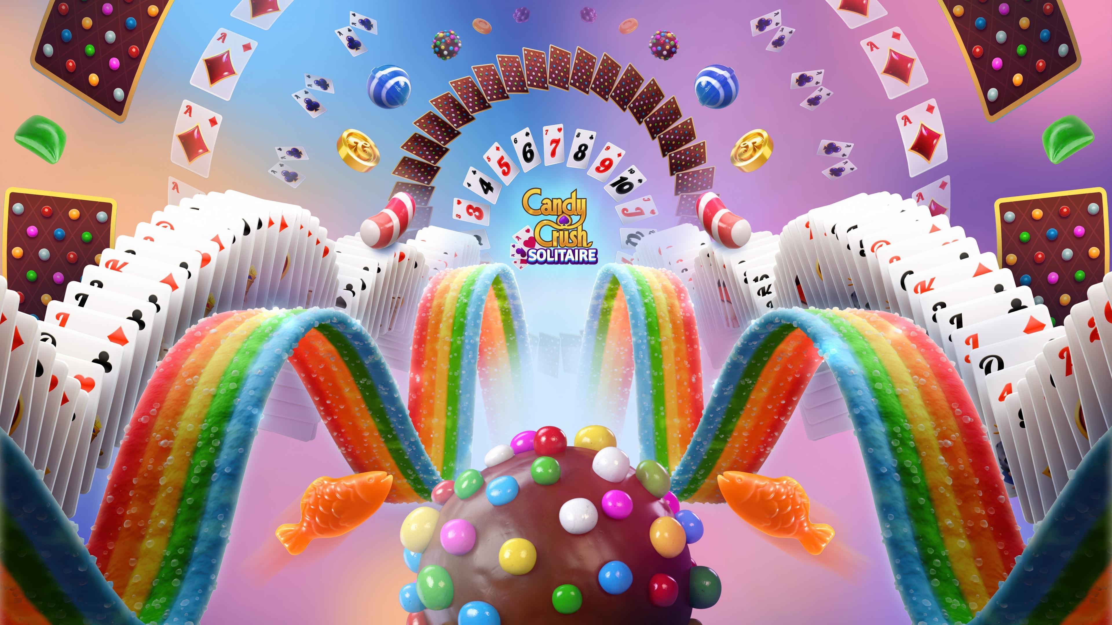A vibrant and colorful game poster for Candy Crush Solitaire featuring bright candies and sparkling sweets.
