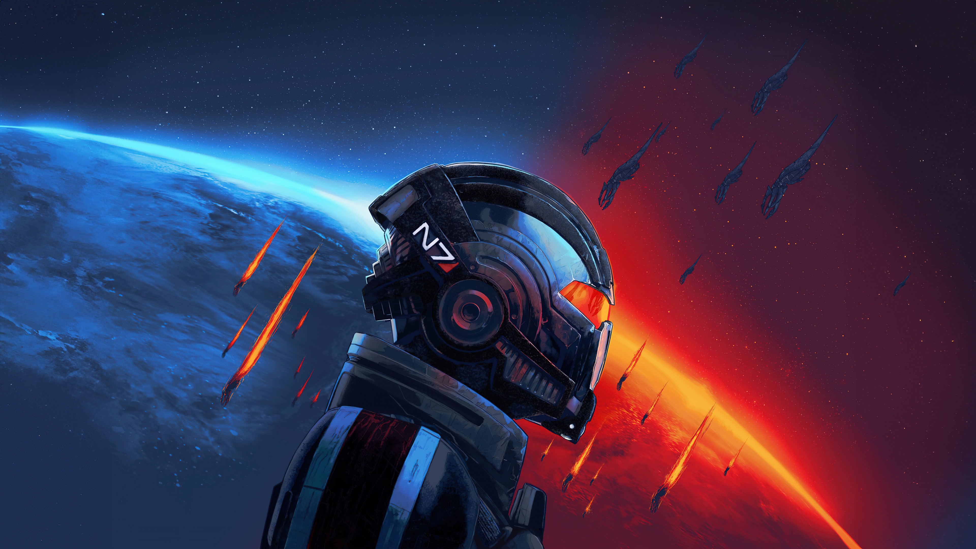 Commander Shepard wearing the iconic N7 combat armor from the Mass Effect video game series.