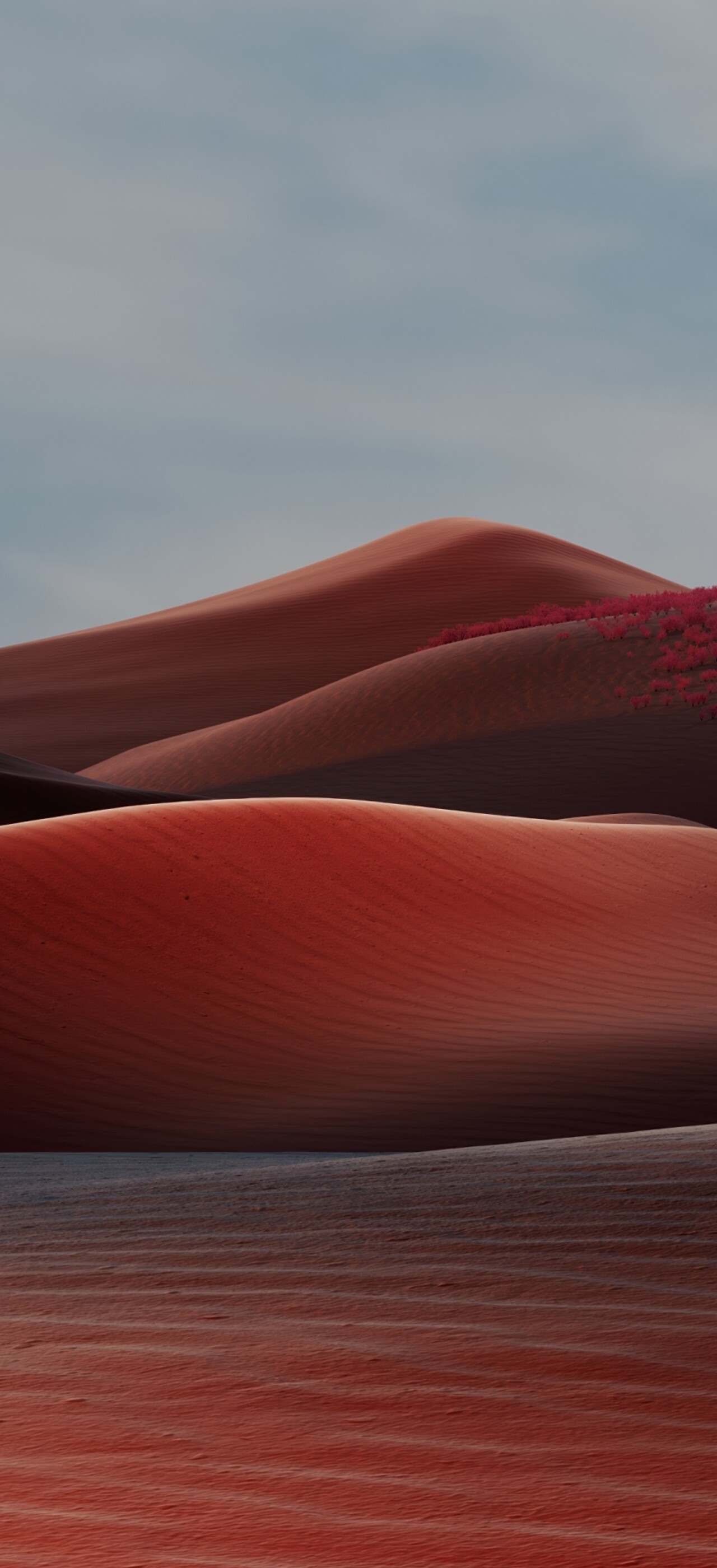 Vast deep red sand dunes under a warm, dreamlike desert sky.