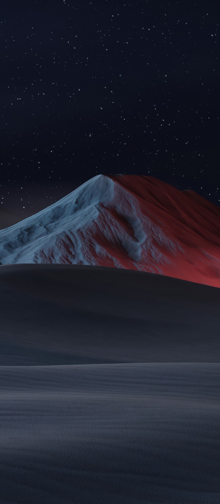 A dramatic night landscape featuring snow-capped mountains, sand dunes, and a starry sky with a vibrant red glow.