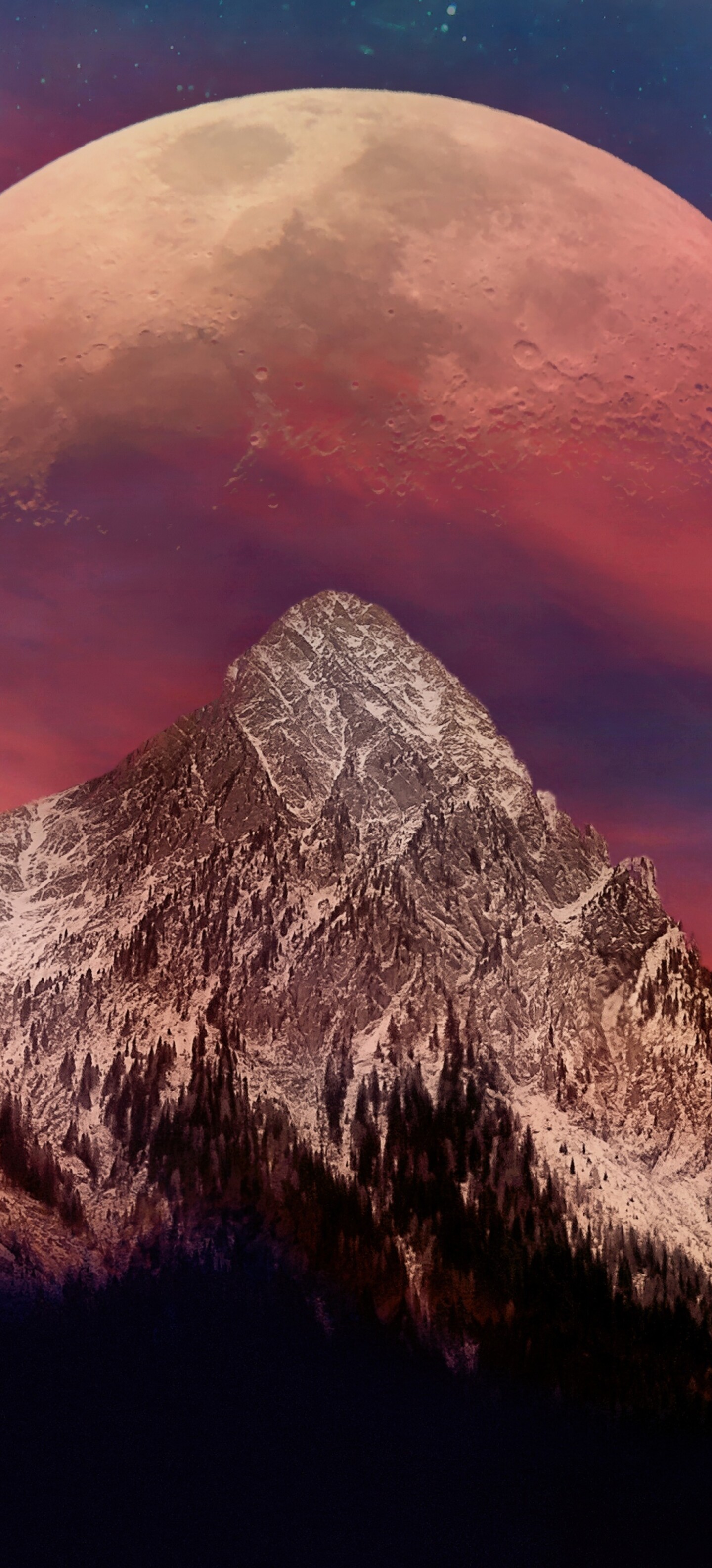 A blood-red moon rising over sharp, snow-capped mountain peaks during a twilight sky.