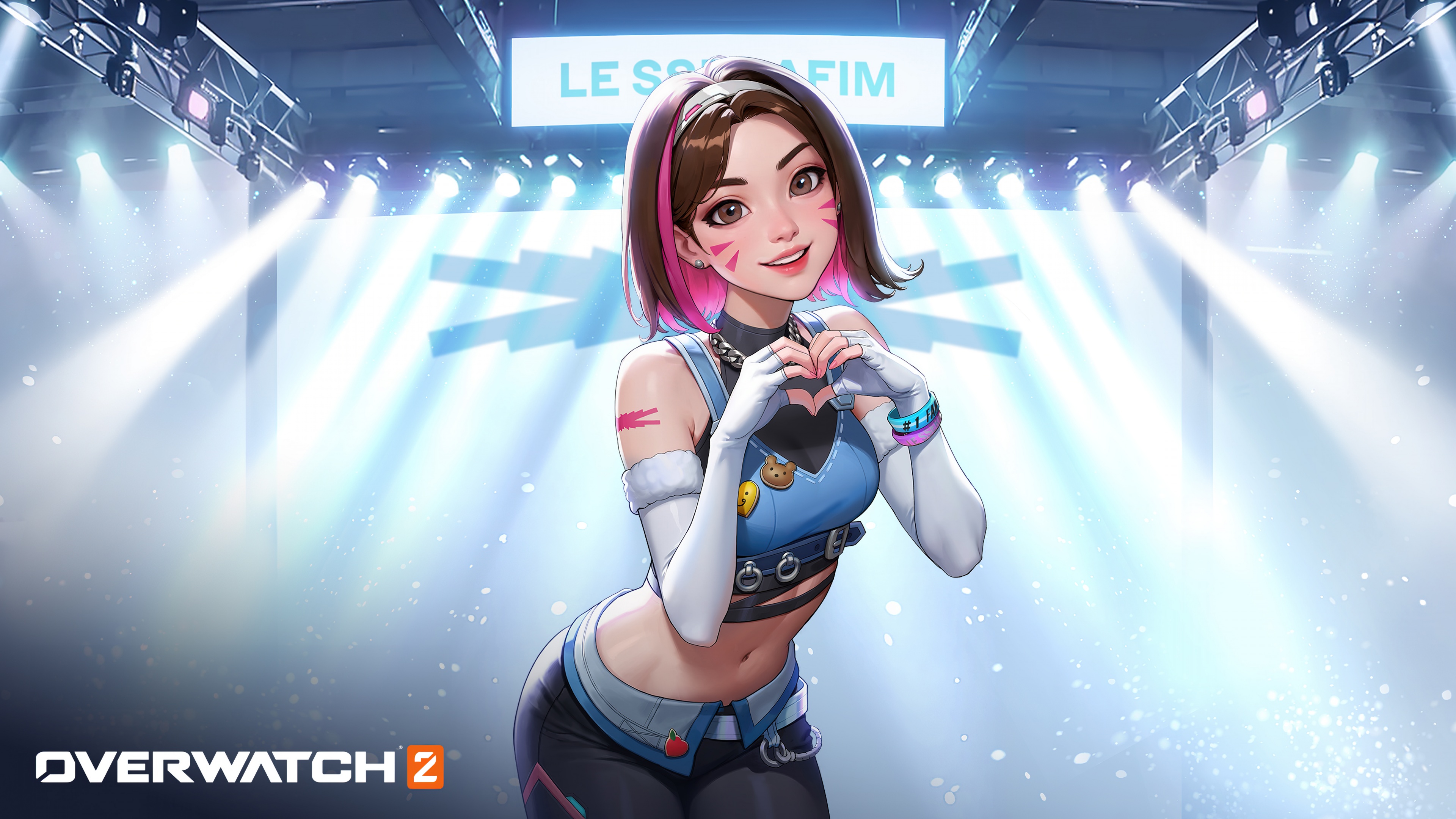 D.Va from Overwatch 2 wearing a K-pop inspired outfit reminiscent of Le Sserafim style.