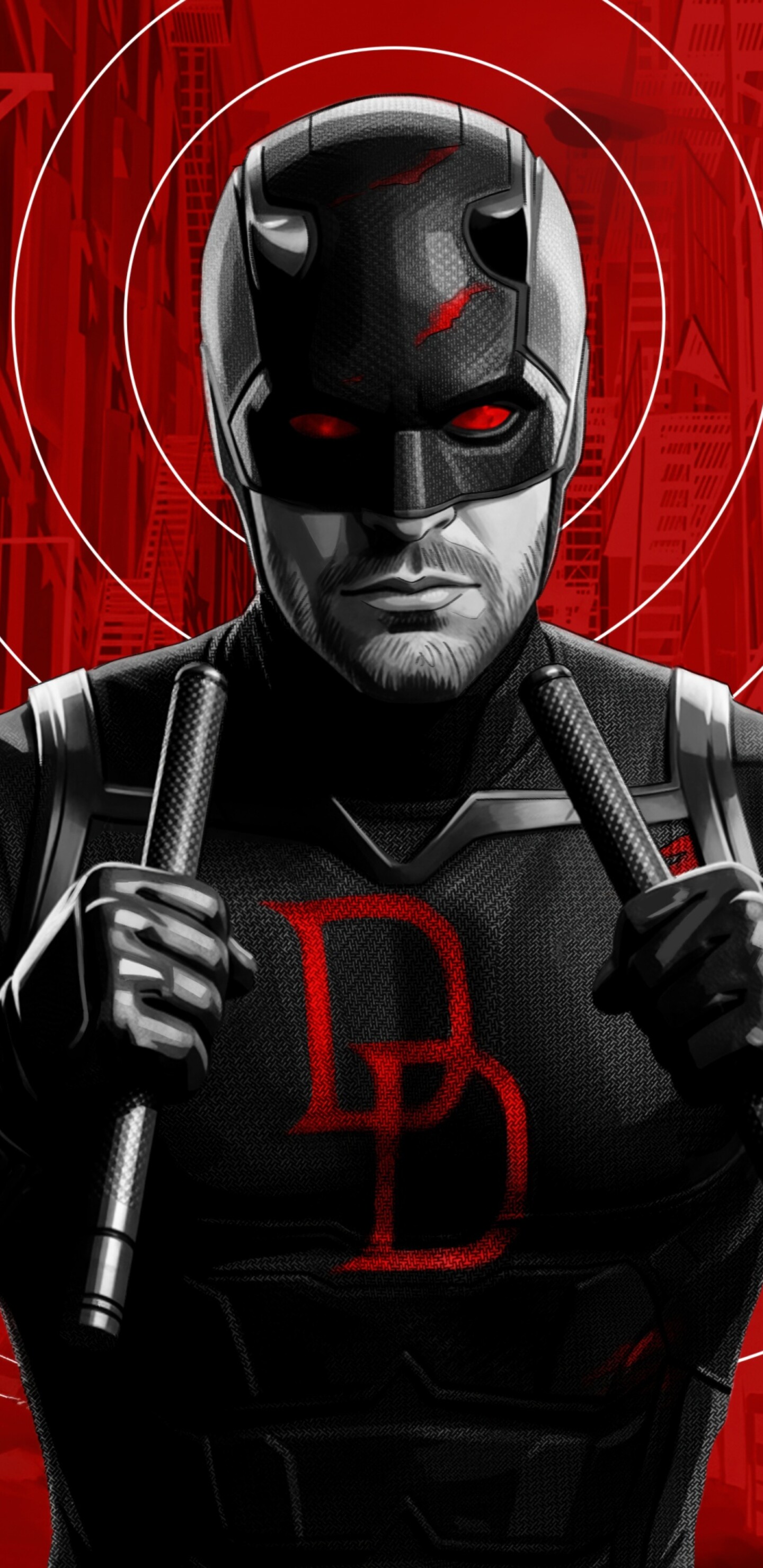 Daredevil wearing a black suit against a vibrant red background, inspired by Daredevil: Born Again.